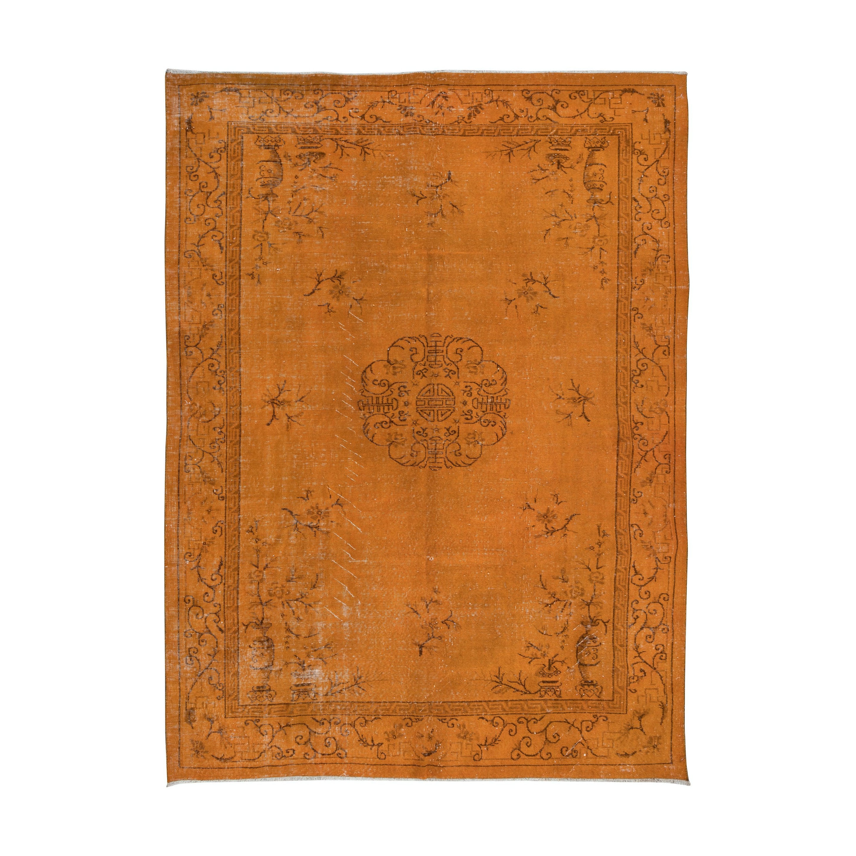 Tappeto Art Deco Floreale 6.7x9 Ft, Tappeto moderno in lana e cotone fatto a mano arancione
