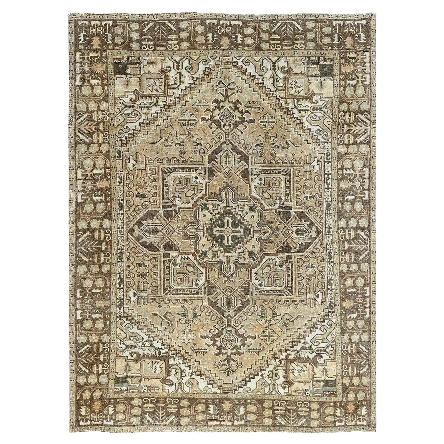 6'7 "x9'3" Brown Vintage Persian Heriz Medallion Design Hand Knotsted All Wool Rugs