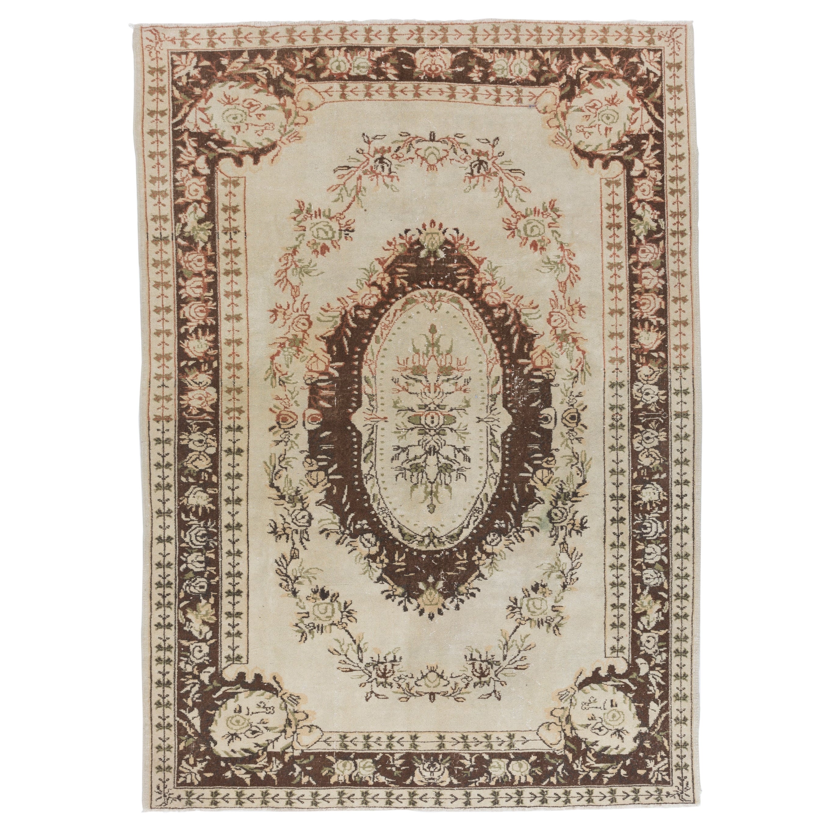 Oushak-Teppich aus Woll- und Baumwollmischung mit 6.7x9.3 Ft Vintage-Medaillon-Design