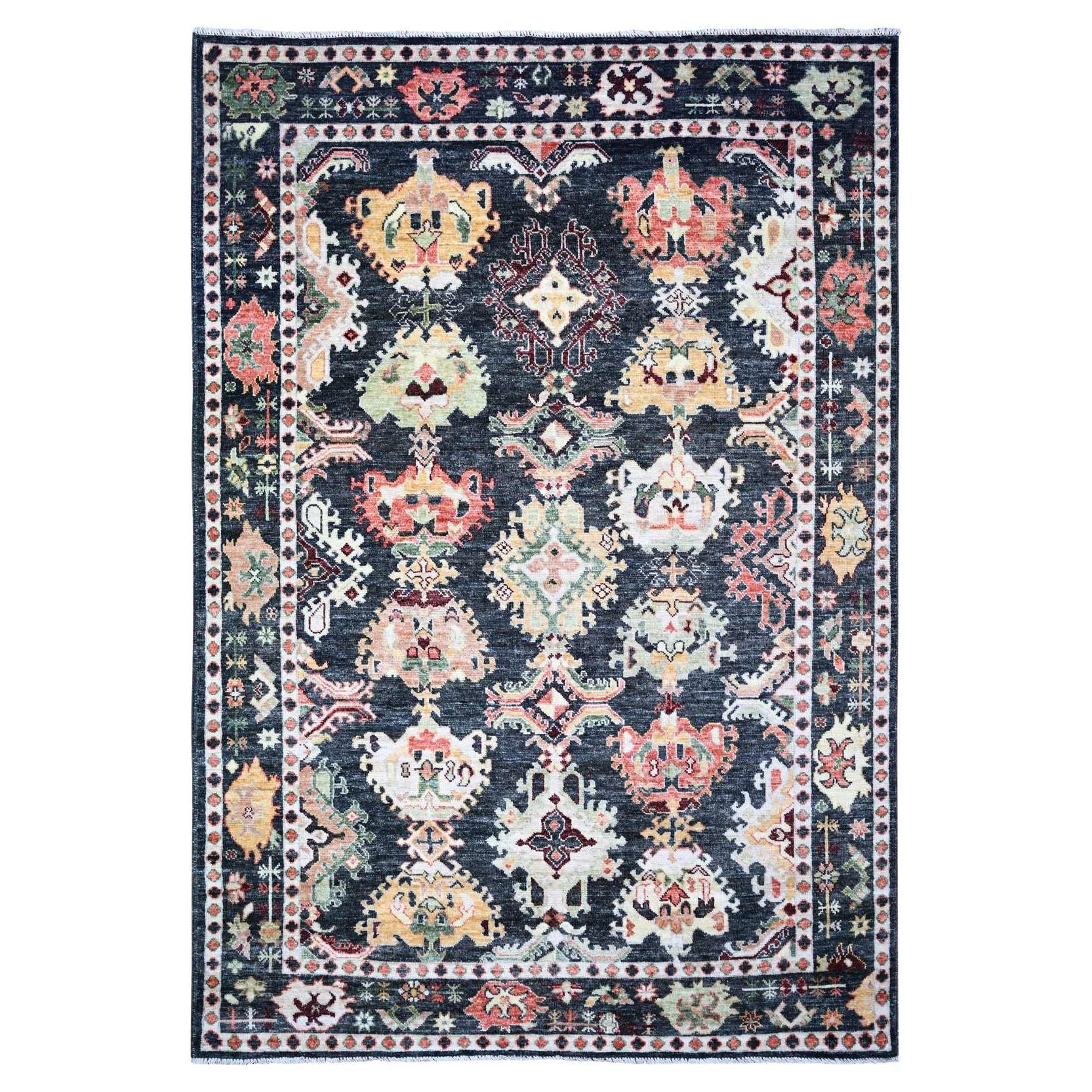 6
7"x9
5" Charcoal Black Afghan Angora Oushak Pop of Color Hand Knotted Wool Rug