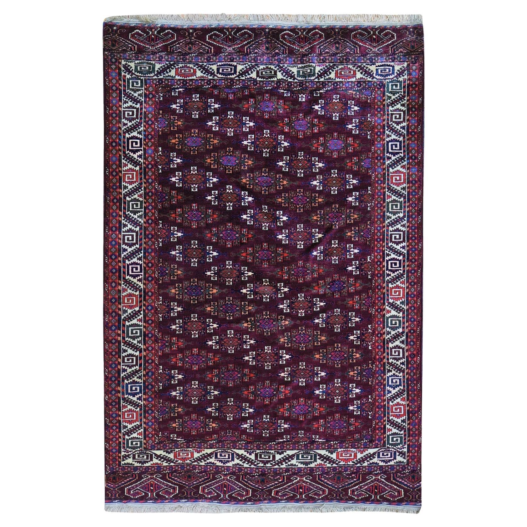 6'7"x9'6" Red Vintage Turkoman Yomut Bokara Main Rug 300 KPSI Soft Wool Rug For Sale