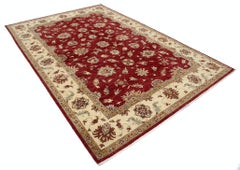 6.7x9.7 ft Hand Knotted Floral Area Rug with Red Field and Beige Border