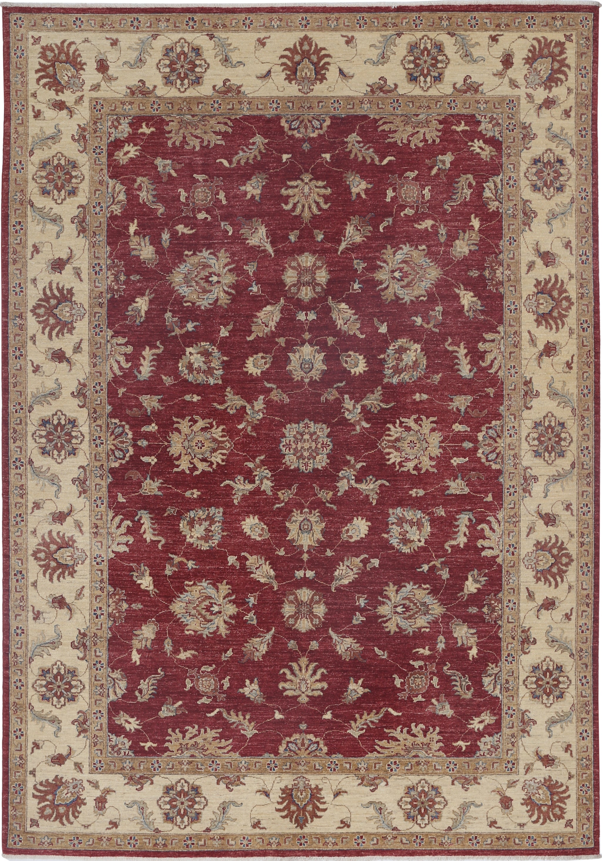 6.7x9.7 ft Hand Knotted Floral Area Rug with Red Field and Beige Border