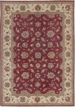 6.7x9.7 ft Hand Knotted Floral Area Rug with Red Field and Beige Border