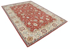 Tappeto per l'area grande Floral Oushak 6.7x9.7 ft annodato a mano in rosso e beige. 100% lana
