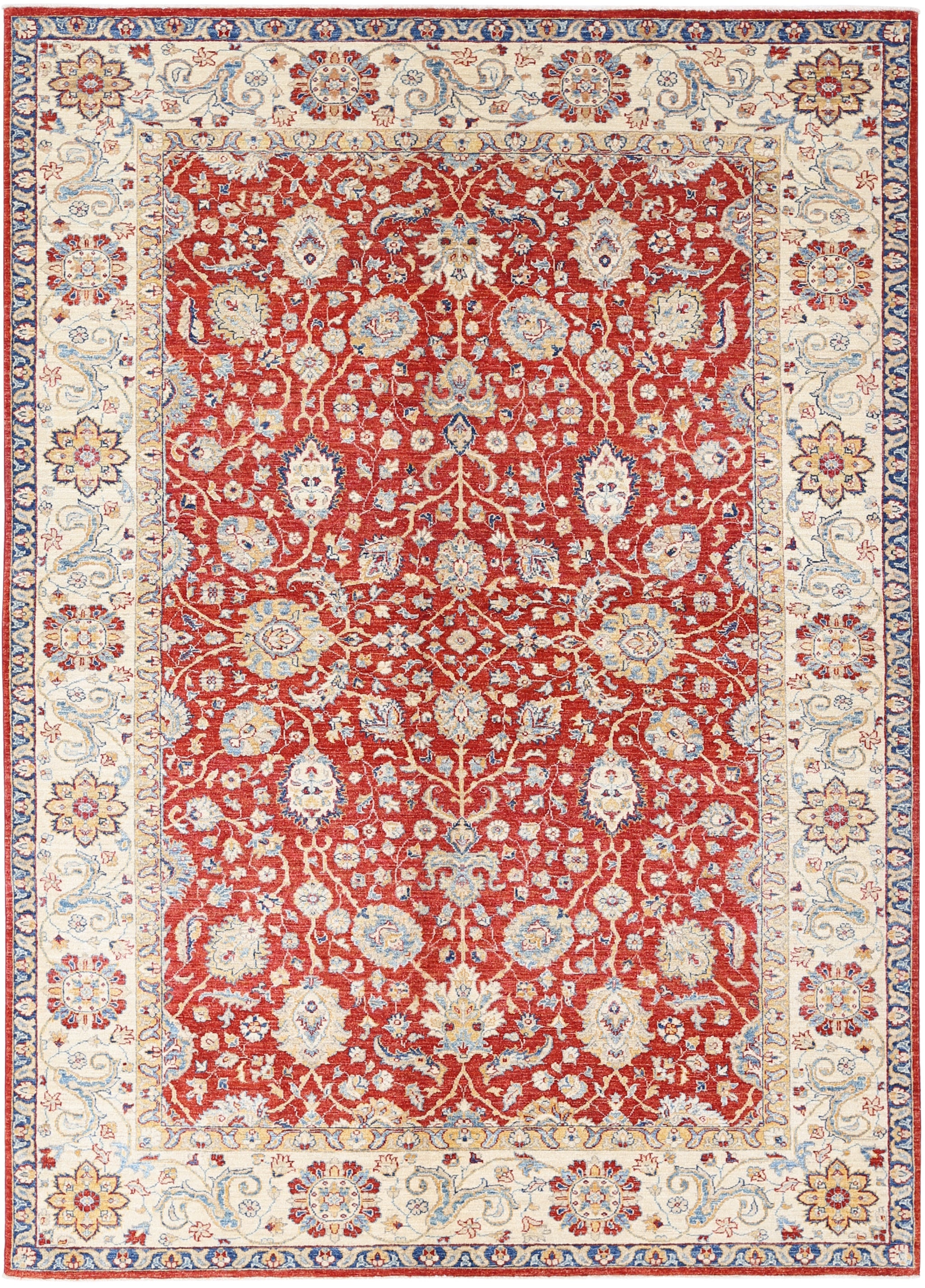 6.7x9.7 ft Hand Knotted Floral Oushak Large Area Rug in Red and Beige. 100% Wool