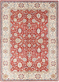 Tappeto per l'area grande Floral Oushak 6.7x9.7 ft annodato a mano in rosso e beige. 100% lana