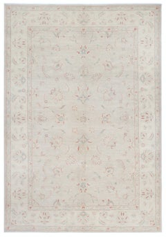 6.7x9.7 ft Hand Knotted Large Area Rug for Living Room Decor. Beige Wool Carpet