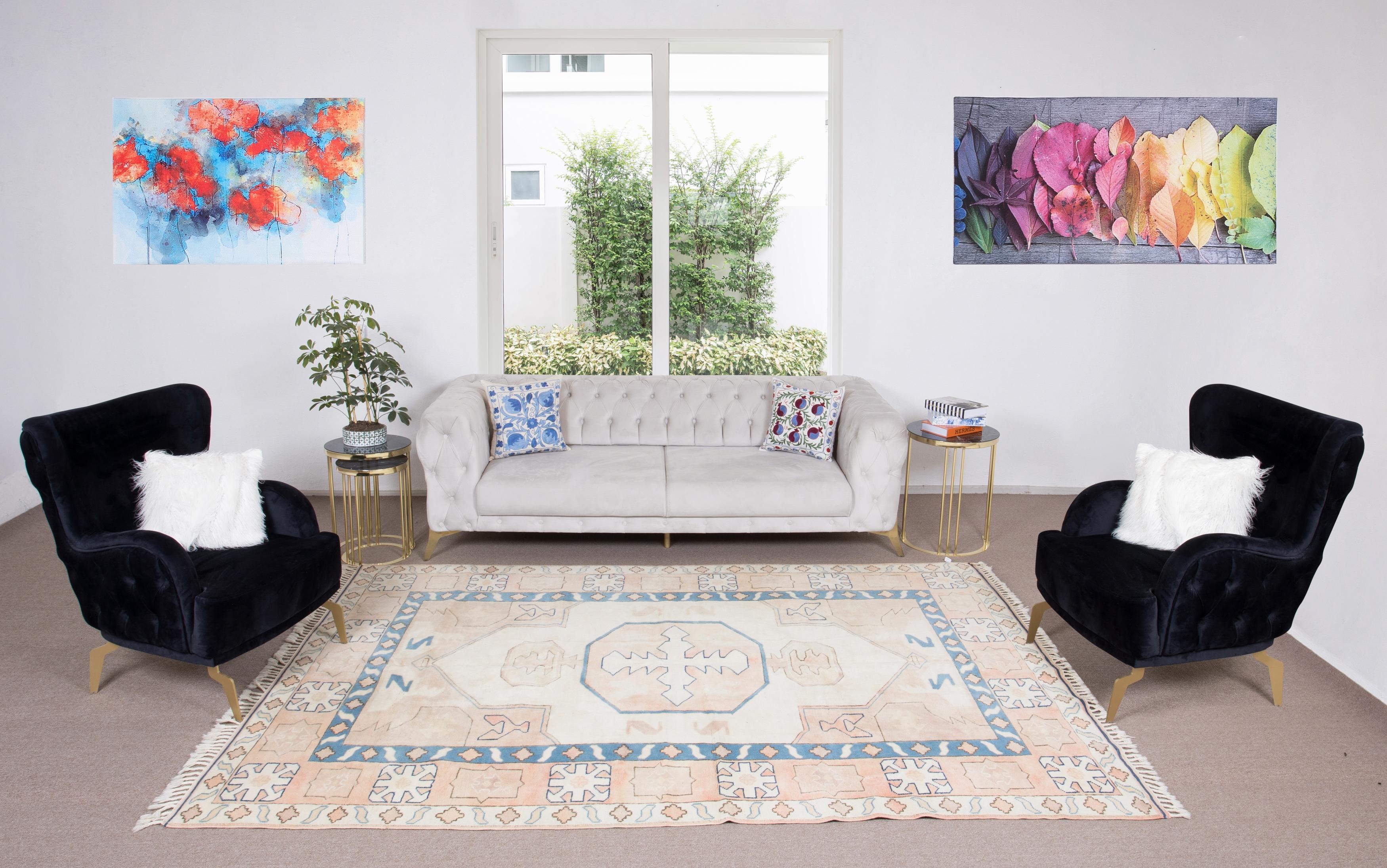 6.7x9.7 Ft Handgefertigter türkischer Wollteppich, moderner, geometrisch gemusterter Teppich (Land) im Angebot