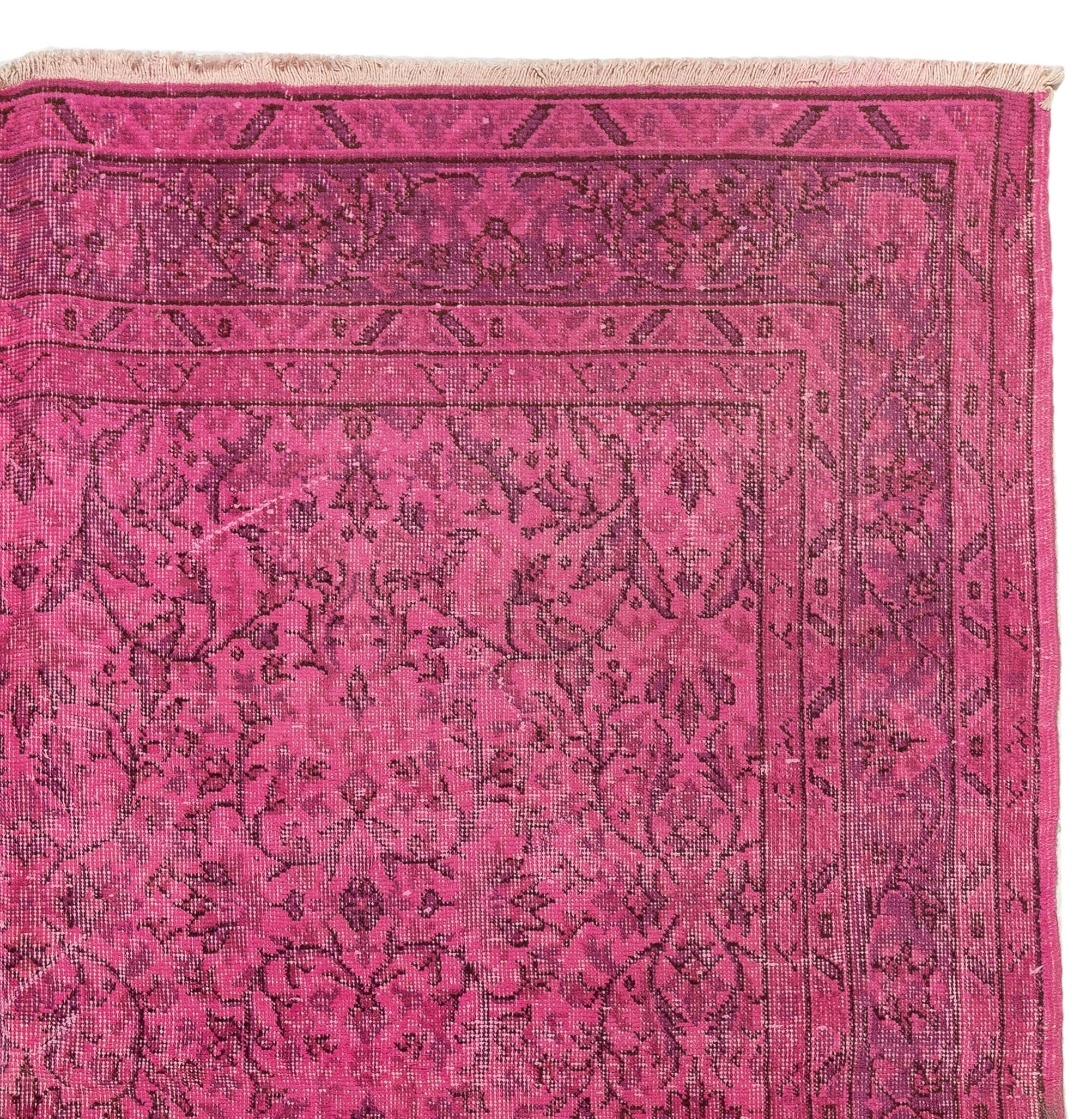 Hand-Woven 6.7x9.7 Ft Vintage Floral Handmade Turkish Rug Overdyed in Pink for Modern Homes