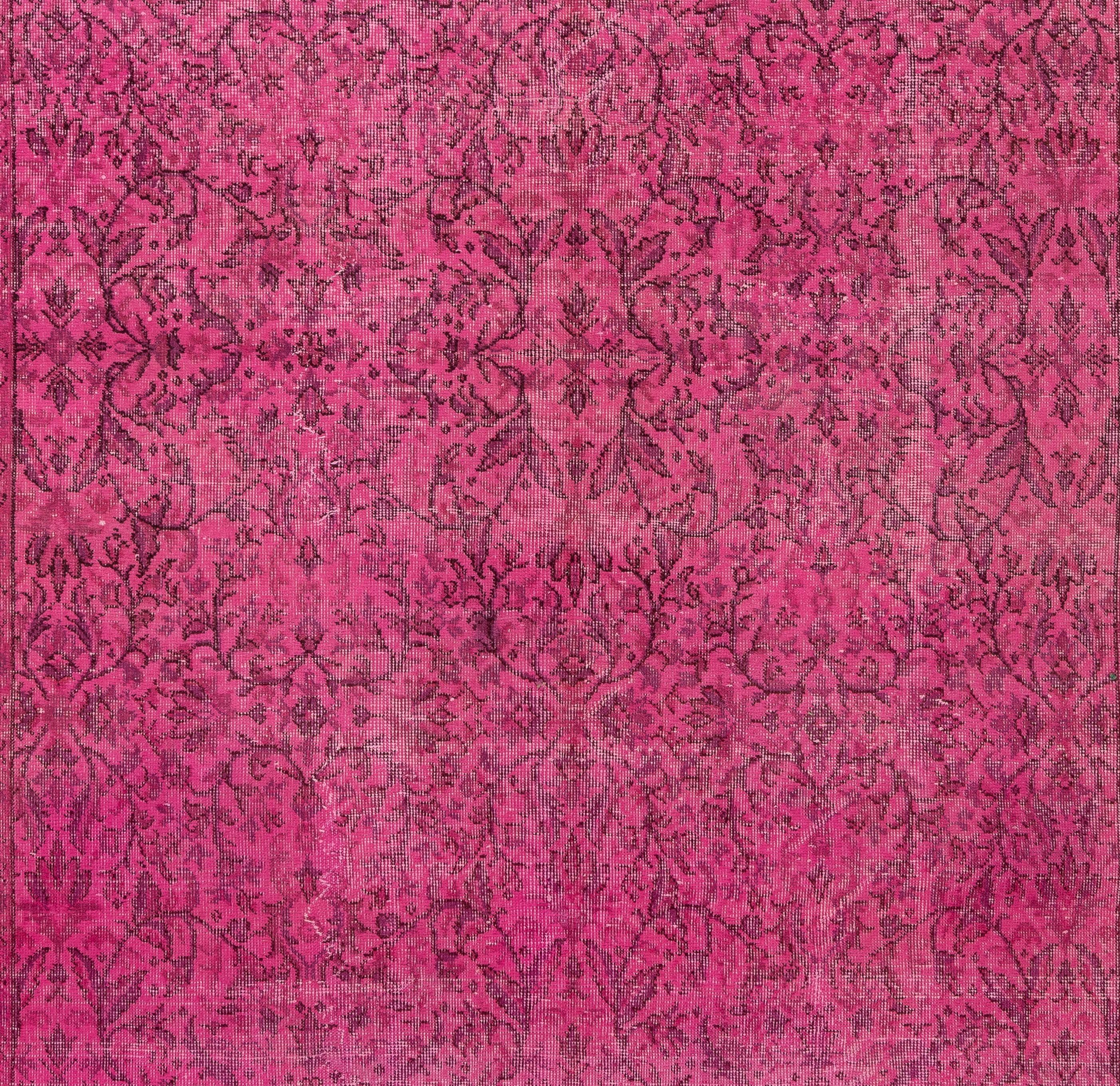 6.7x9.7 Ft Vintage Floral Handmade Turkish Rug Overdyed in Pink for Modern Homes In Good Condition In Philadelphia, PA
