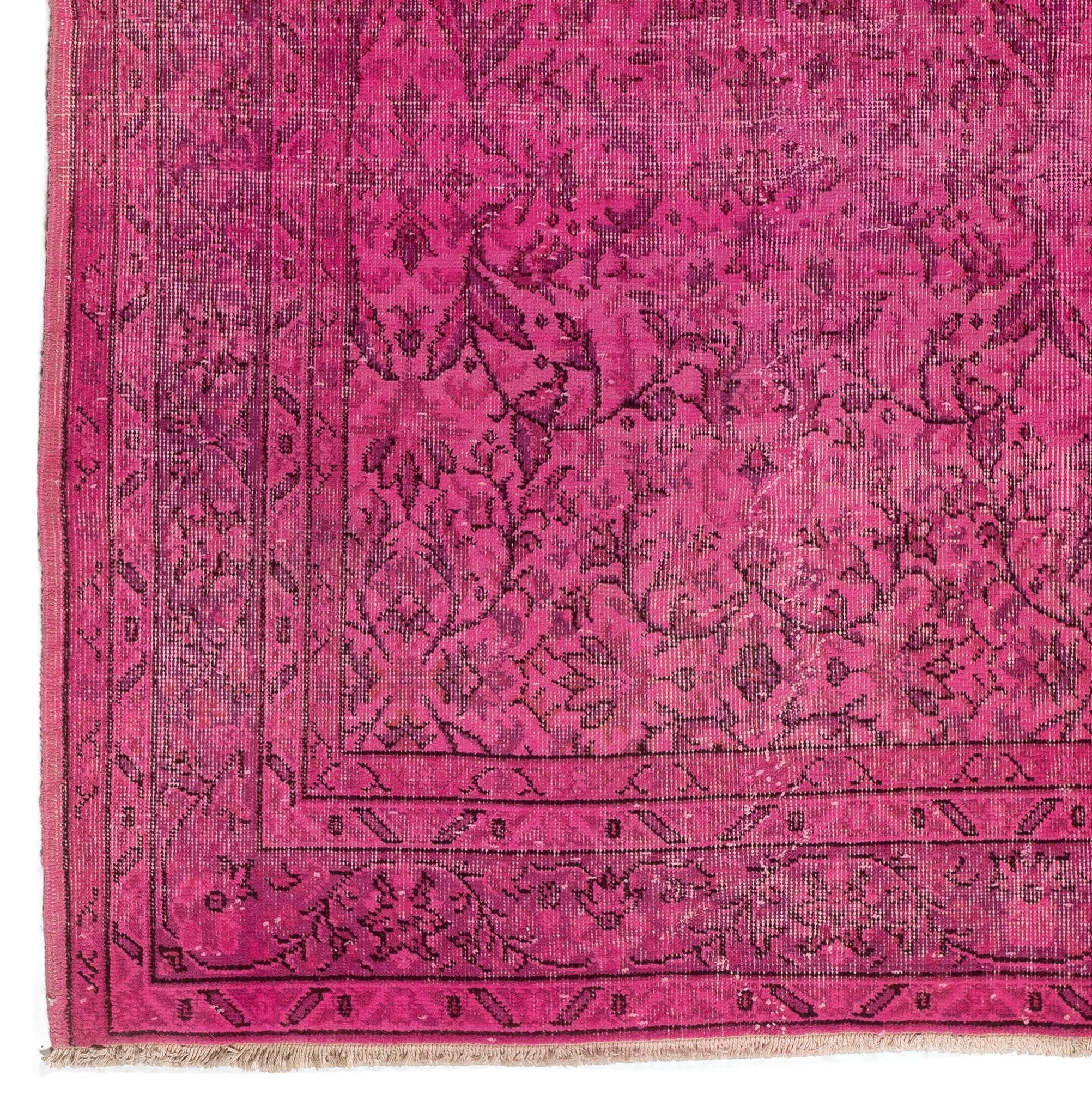 Mid-17th Century 6.7x9.7 Ft Vintage Floral Handmade Turkish Rug Overdyed in Pink for Modern Homes