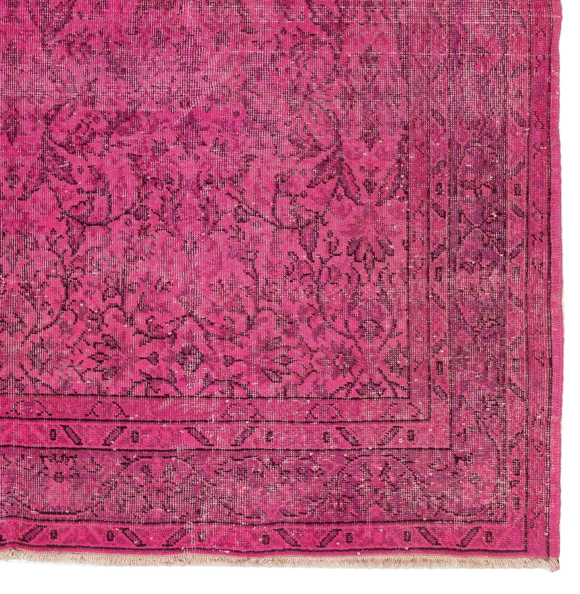 Wool 6.7x9.7 Ft Vintage Floral Handmade Turkish Rug Overdyed in Pink for Modern Homes