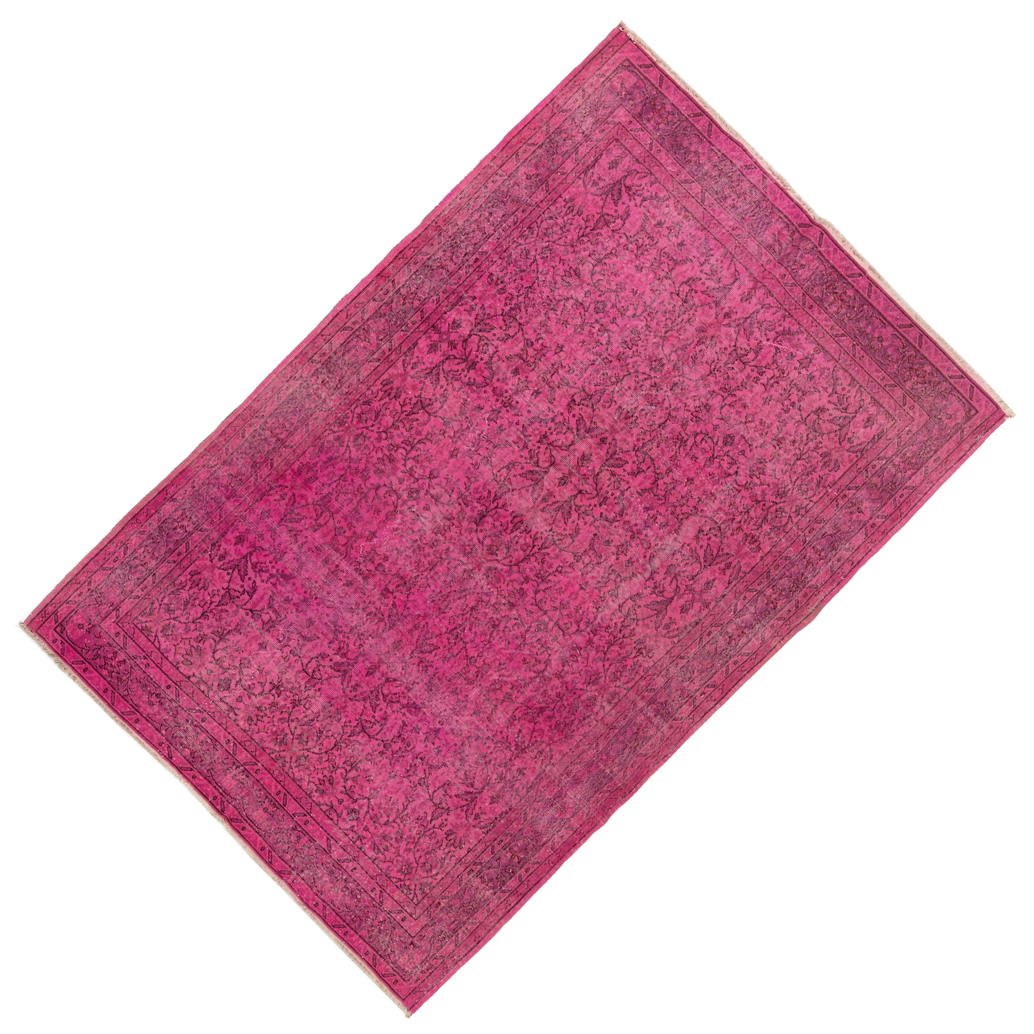 6.7x9.7 Ft Vintage Floral Handmade Turkish Rug Overdyed in Pink for Modern Homes 1
