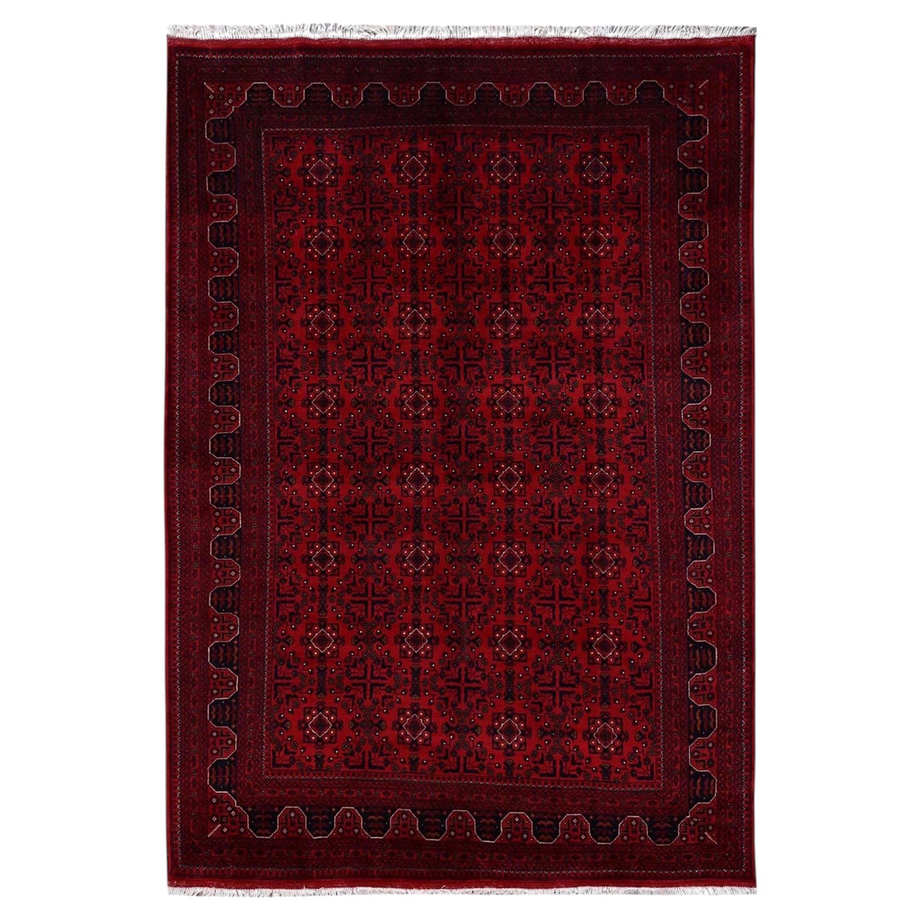 6'7"x9'7" Red Afghan Andkhoy with Geometric Motif Hand Knotted Wool Oriental Rug
