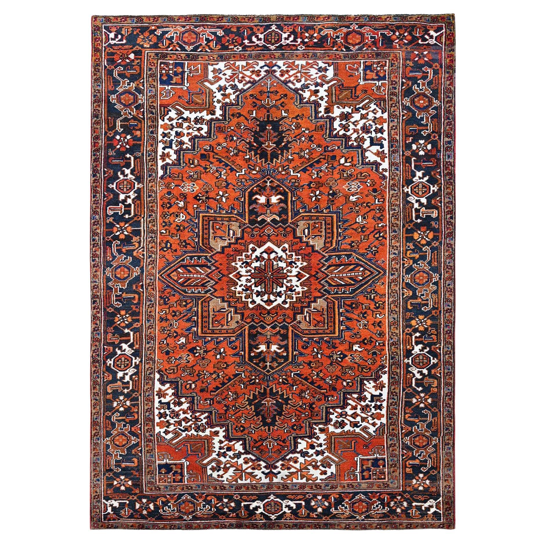 6'7"x9'7" Vivid Orange Vintage Persian Heriz Hand Knotted Pure Wool Oriental Rug