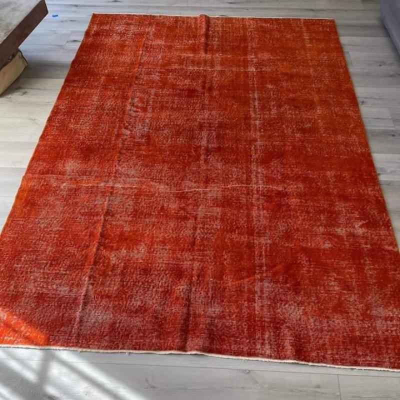 Hand-Knotted 6.7x9.8 Ft Plain Solid Burnt Orange Turkish Rug. Modern Handmade Upcycled Carpet For Sale