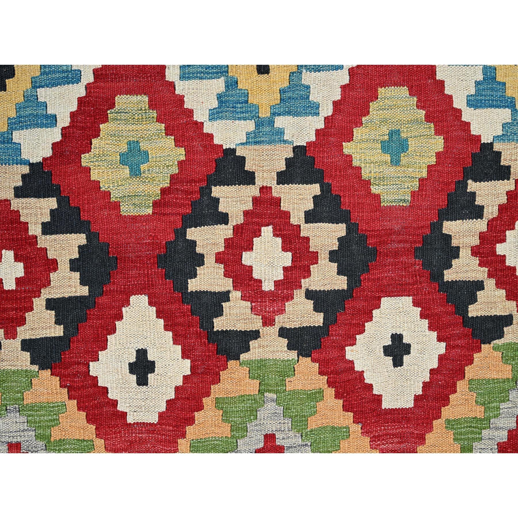 Imperial Red, Afghan Kilim with Colorful Geometric Pattern, Vegetable Dyes, Pure Wool, Hand Woven, Flat Weave, Reversible, Oriental Rug
Primary materials: Wool
Latex: No Pile 
height: 0.25 Inches
Style: Traditional
Primary color: Red
Secondary