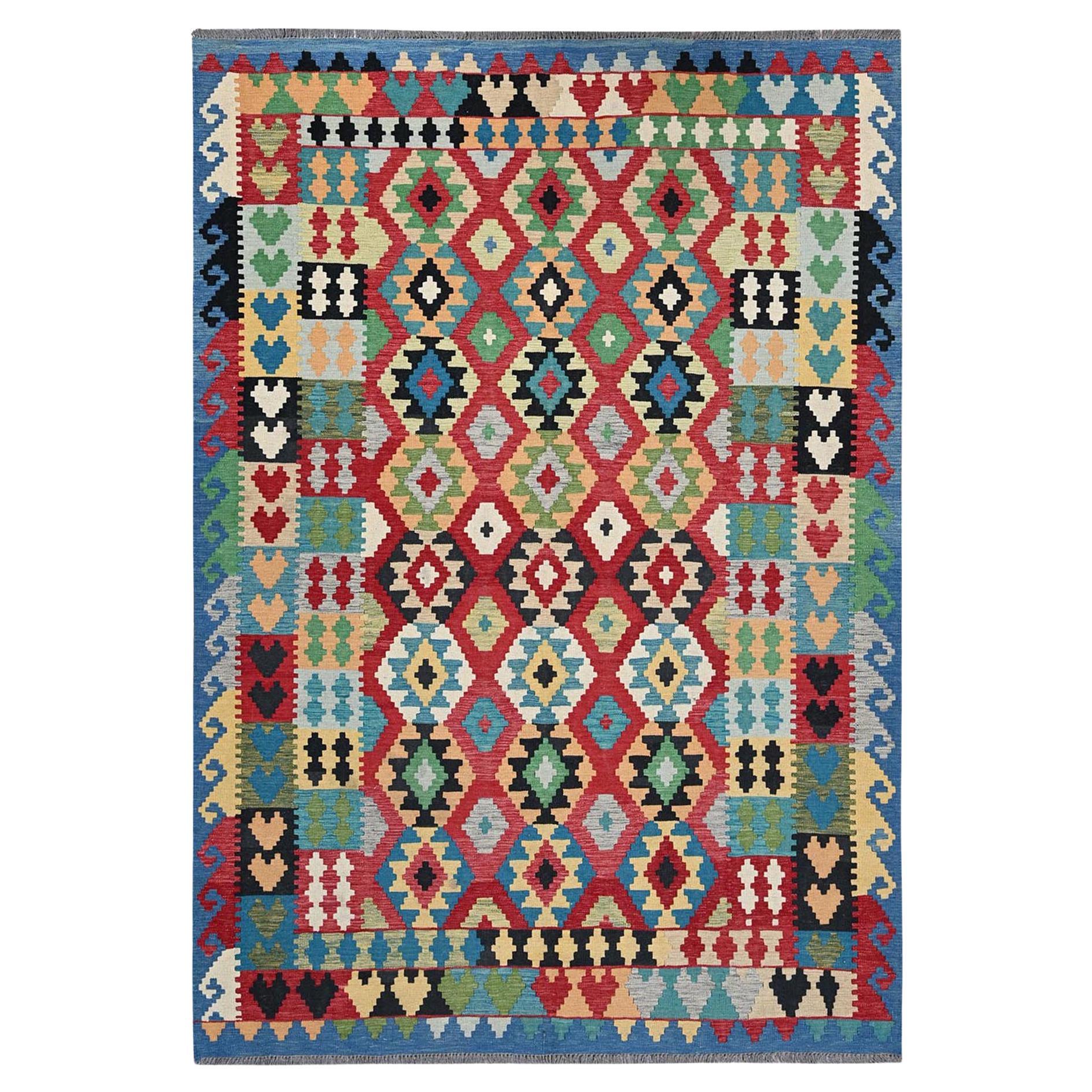 6'7"x9'8" Red Afghan Kilim Geometric Pattern Hand Woven Flat Weave Pure Wool Rug