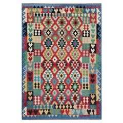 6'7"x9'8" Red Afghan Kilim Geometric Pattern Hand Woven Flat Weave Pure Wool Rug