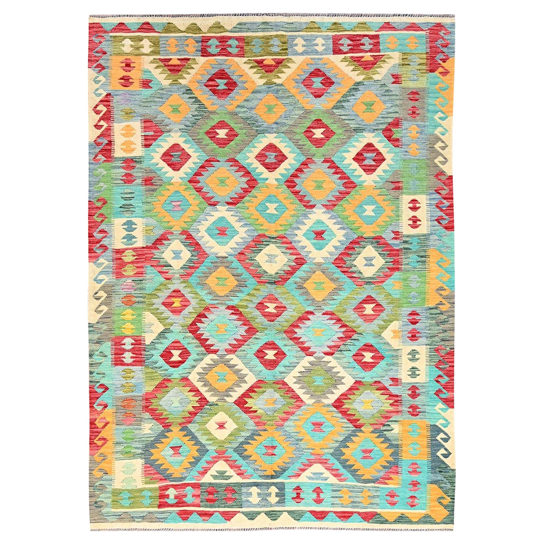 6
7"x9
9" Colorful, Extra Soft Wool, Hand Woven, Flat Weave, Afghan Kilim Rug