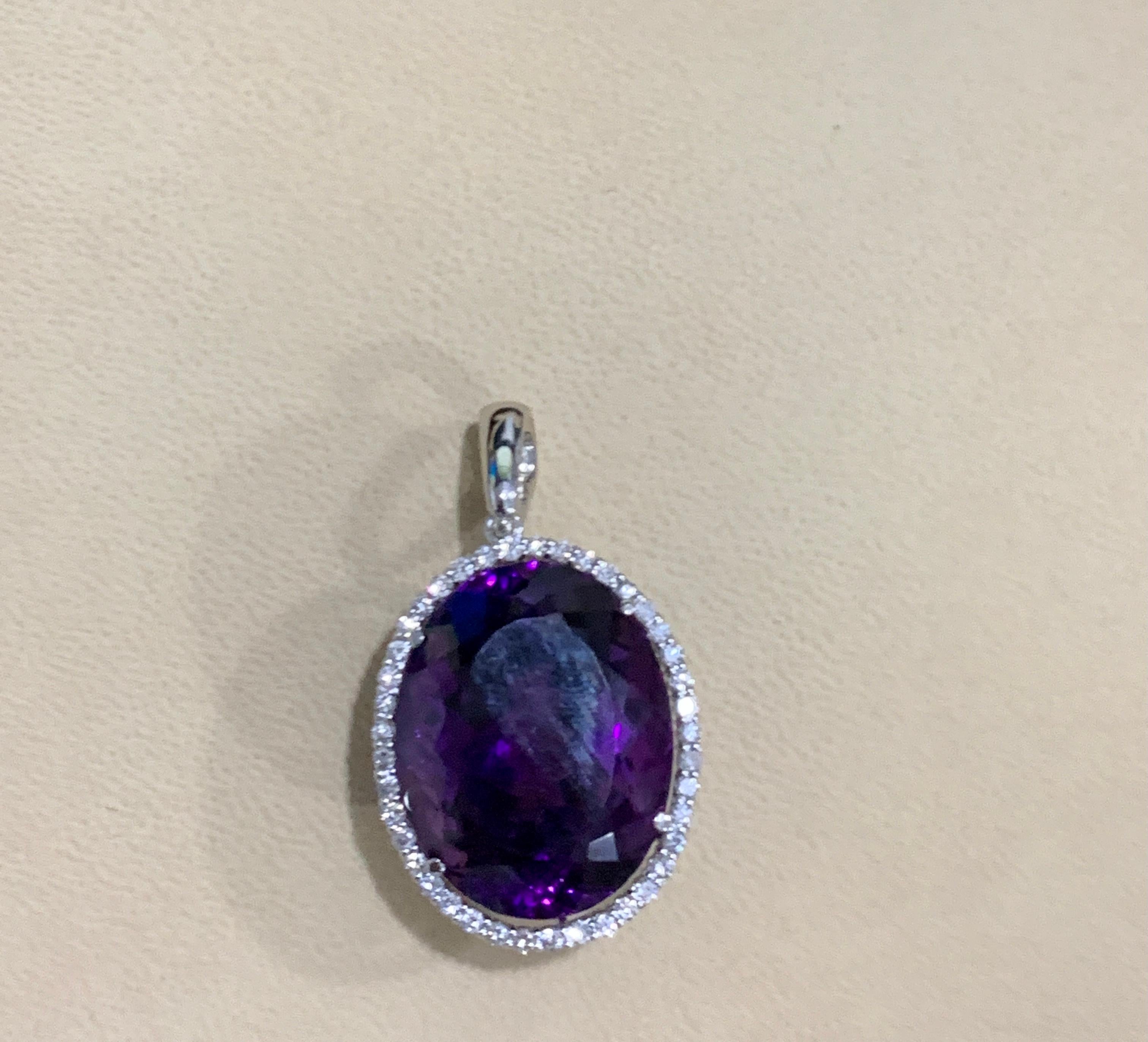 68 Carat Amethyst & 2.2 ct Diamond Pendant Necklace 14 Karat White Gold + Chain In Excellent Condition For Sale In New York, NY