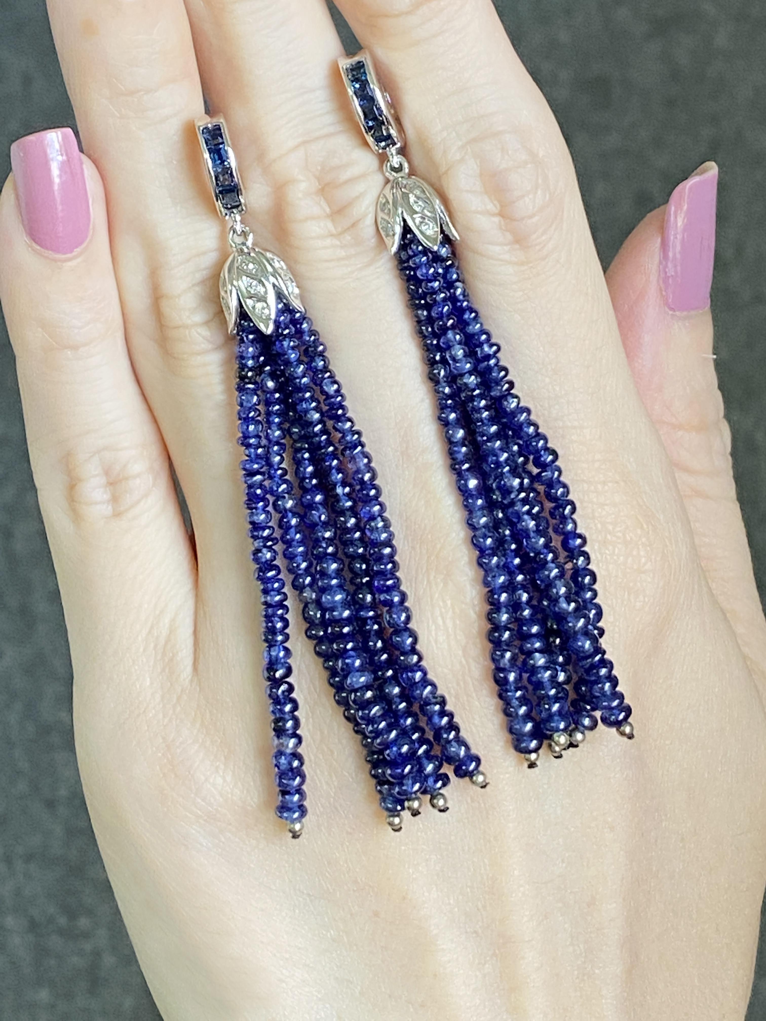 Modern 68 Carat Blue Sapphire Beads Dangle Earrings For Sale