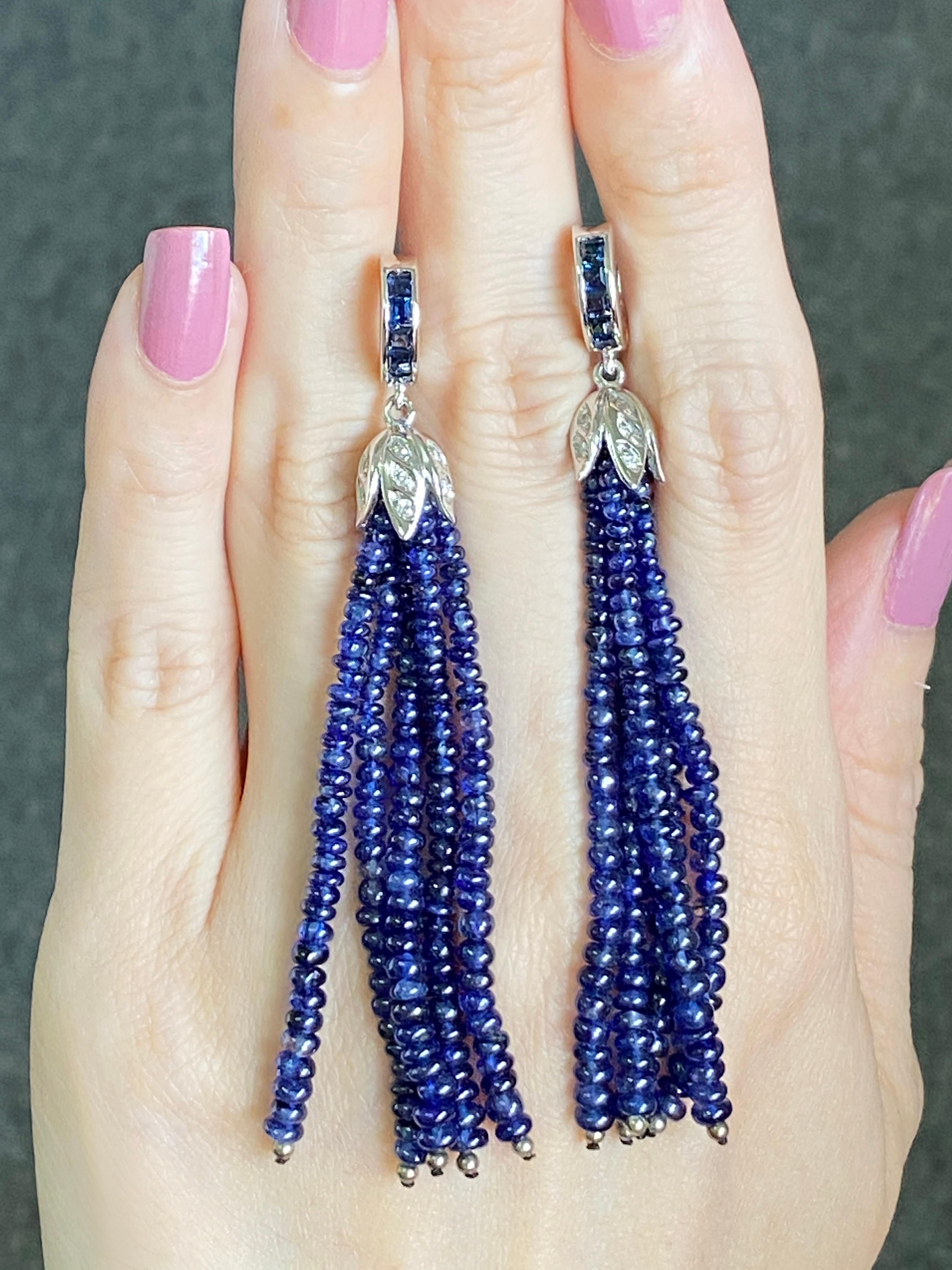 Women's 68 Carat Blue Sapphire Beads Dangle Earrings For Sale