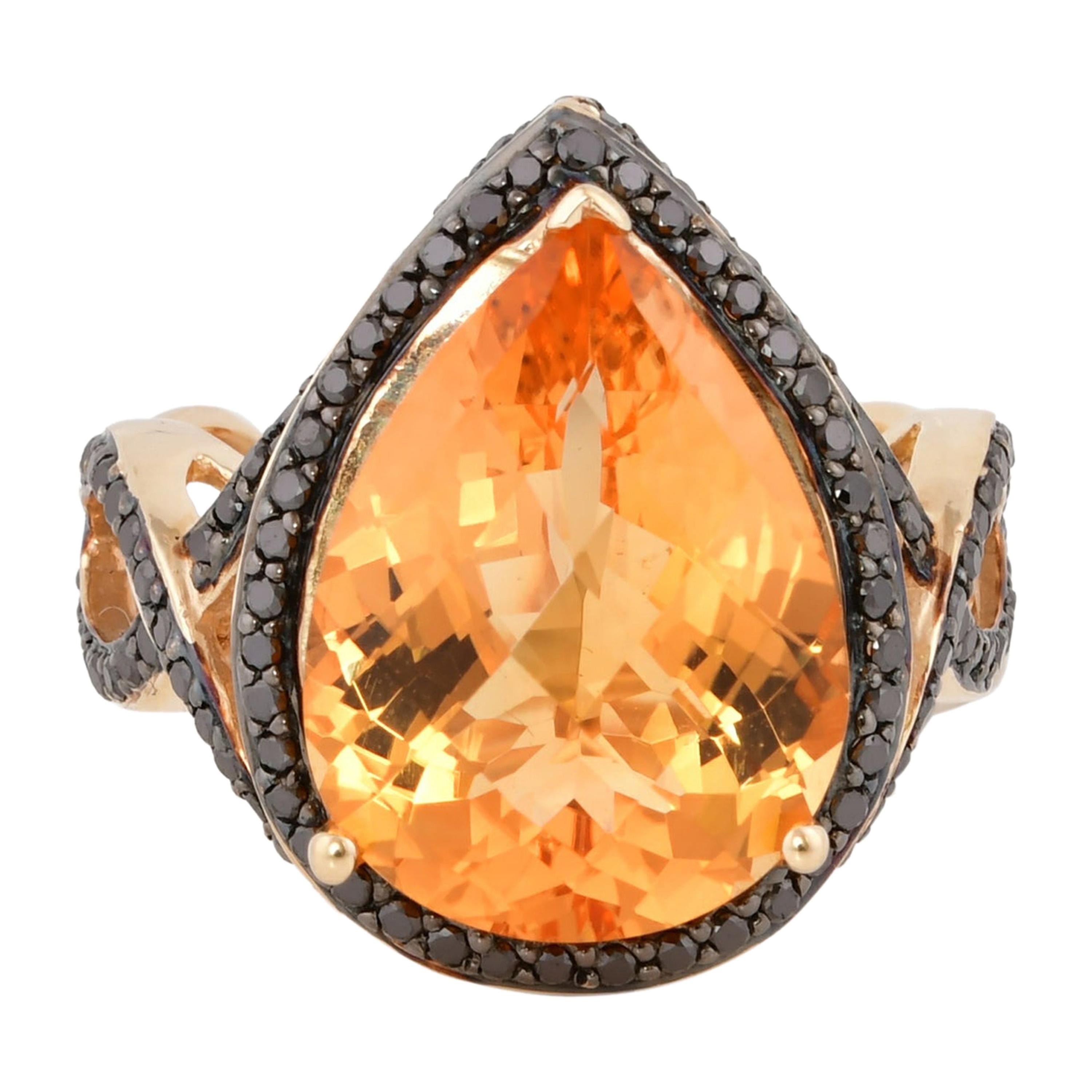 6.8 Carat Citrine and Black Diamond Ring in 14 Karat Yellow Gold For Sale
