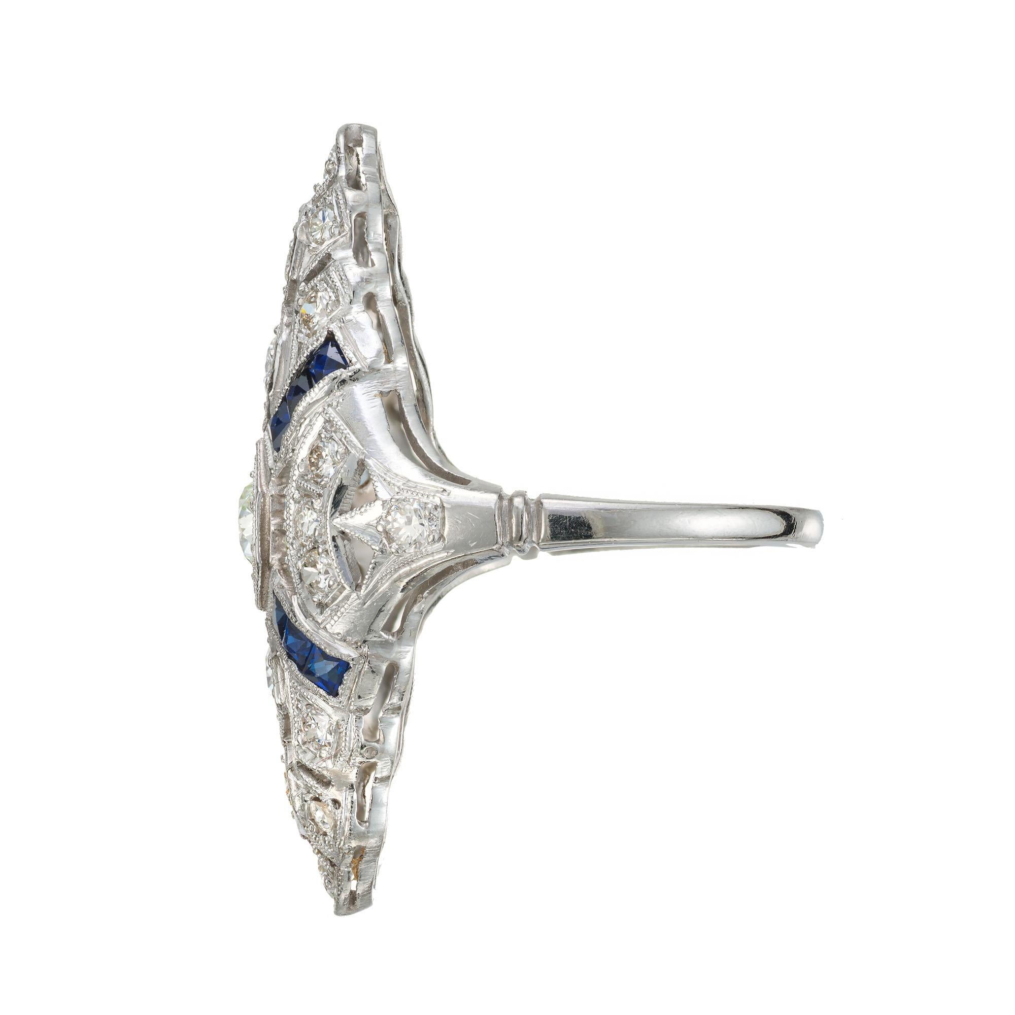 Round Cut .68 Carat Diamond Blue Sapphire Platinum Filigree Cocktail Ring For Sale