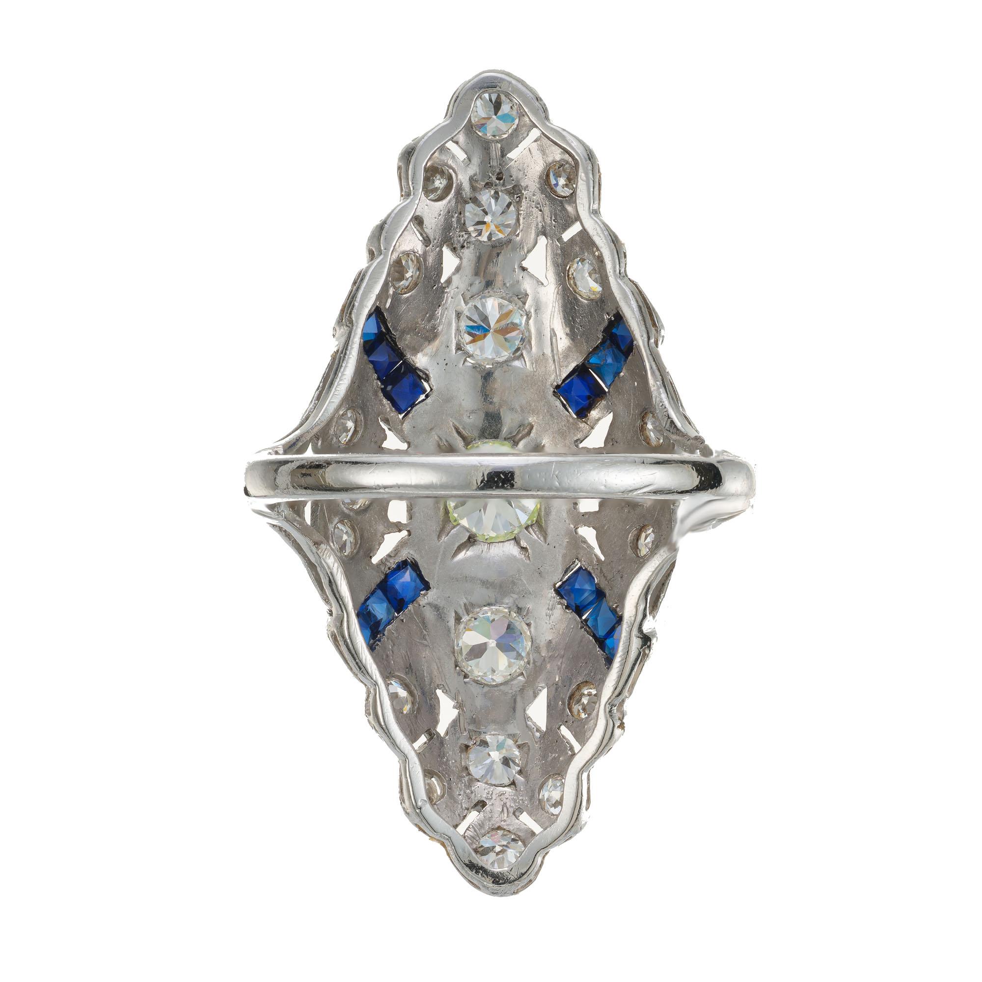 .68 Carat Diamond Blue Sapphire Platinum Filigree Cocktail Ring In Good Condition For Sale In Stamford, CT