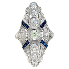 Antique .68 Carat Diamond Blue Sapphire Platinum Filigree Cocktail Ring