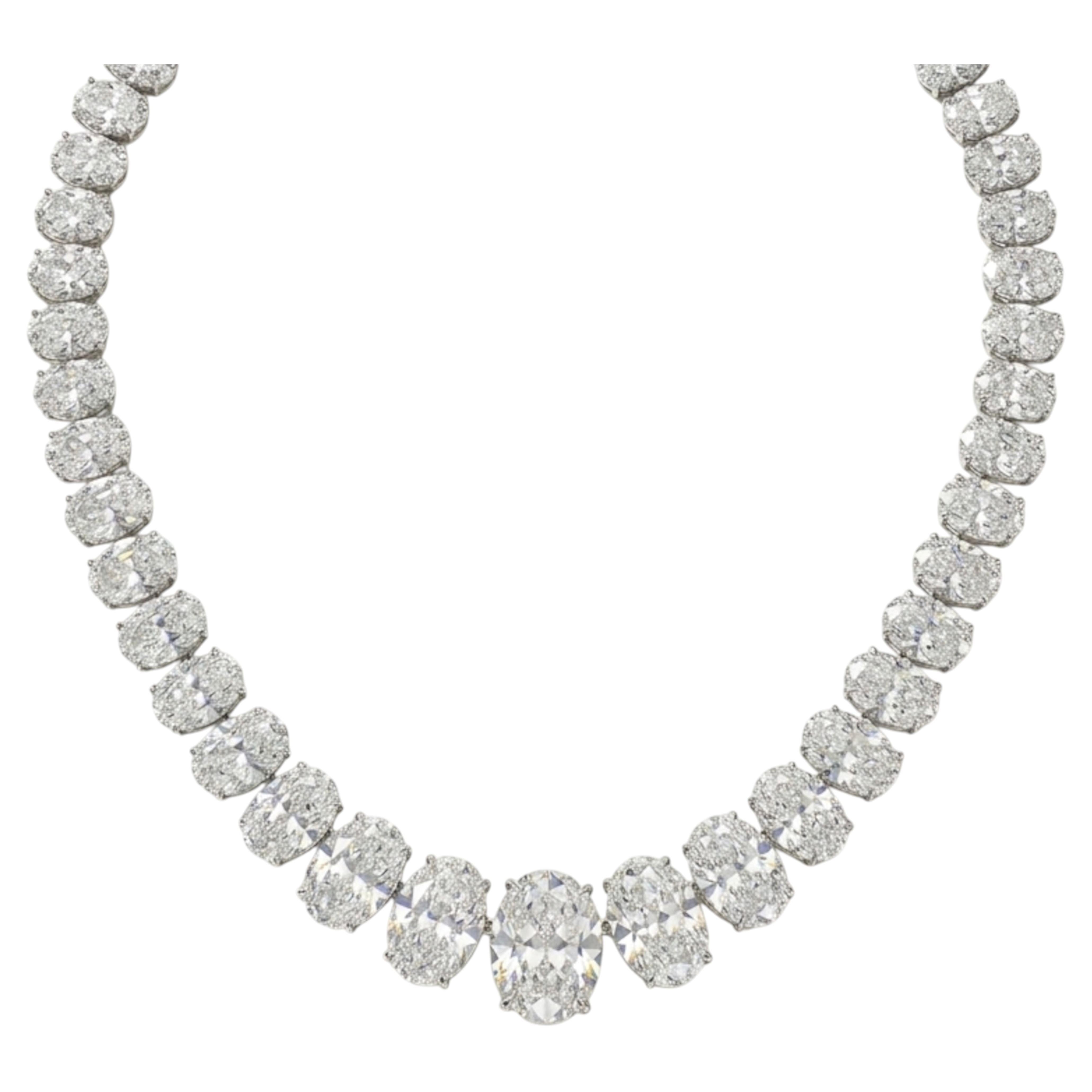 Collier de 68 carats de diamants de taille ovale certifiés GIA en platine avec centre de 2 carats