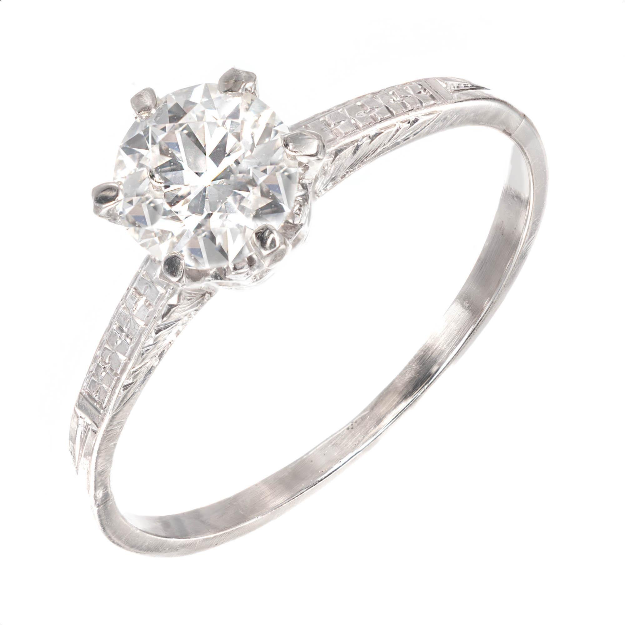 .68 Carat Old European Diamond Hand Engraved Platinum Solitaire Engagement Ring For Sale