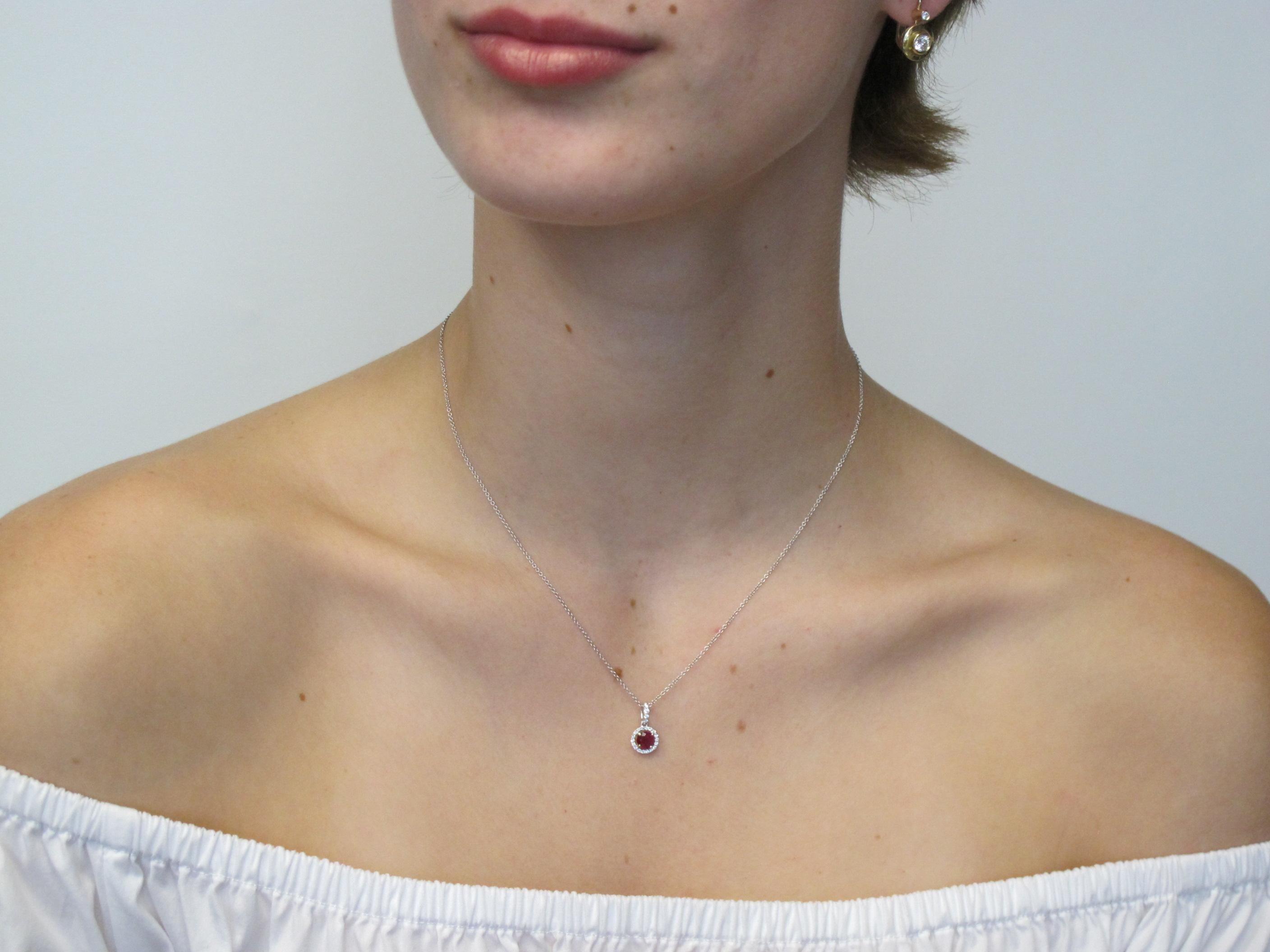 .68 Carat Ruby and Diamond Floating Halo Necklace in White Gold For Sale 3