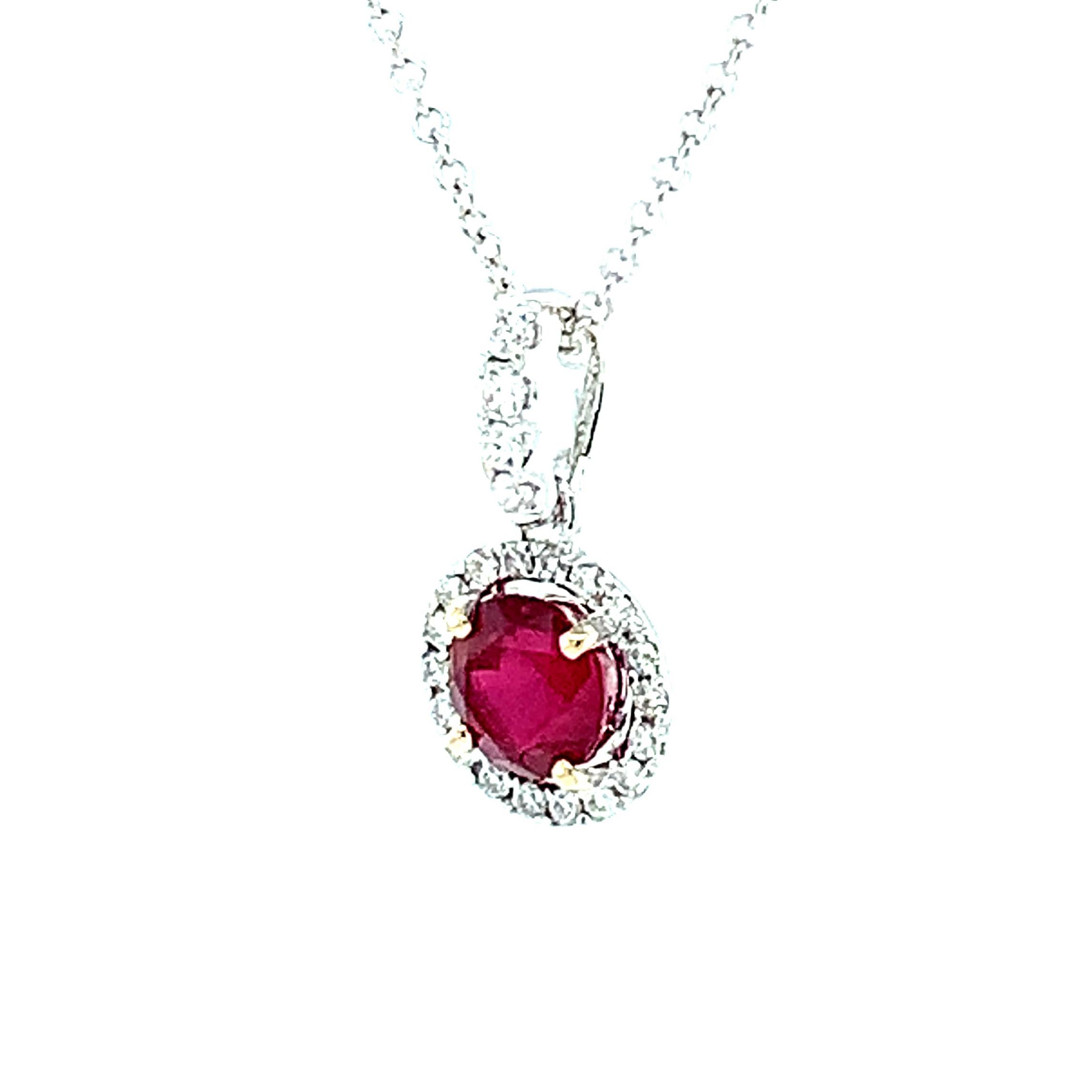 .68 Carat Ruby and Diamond Floating Halo Necklace in White Gold For Sale 1
