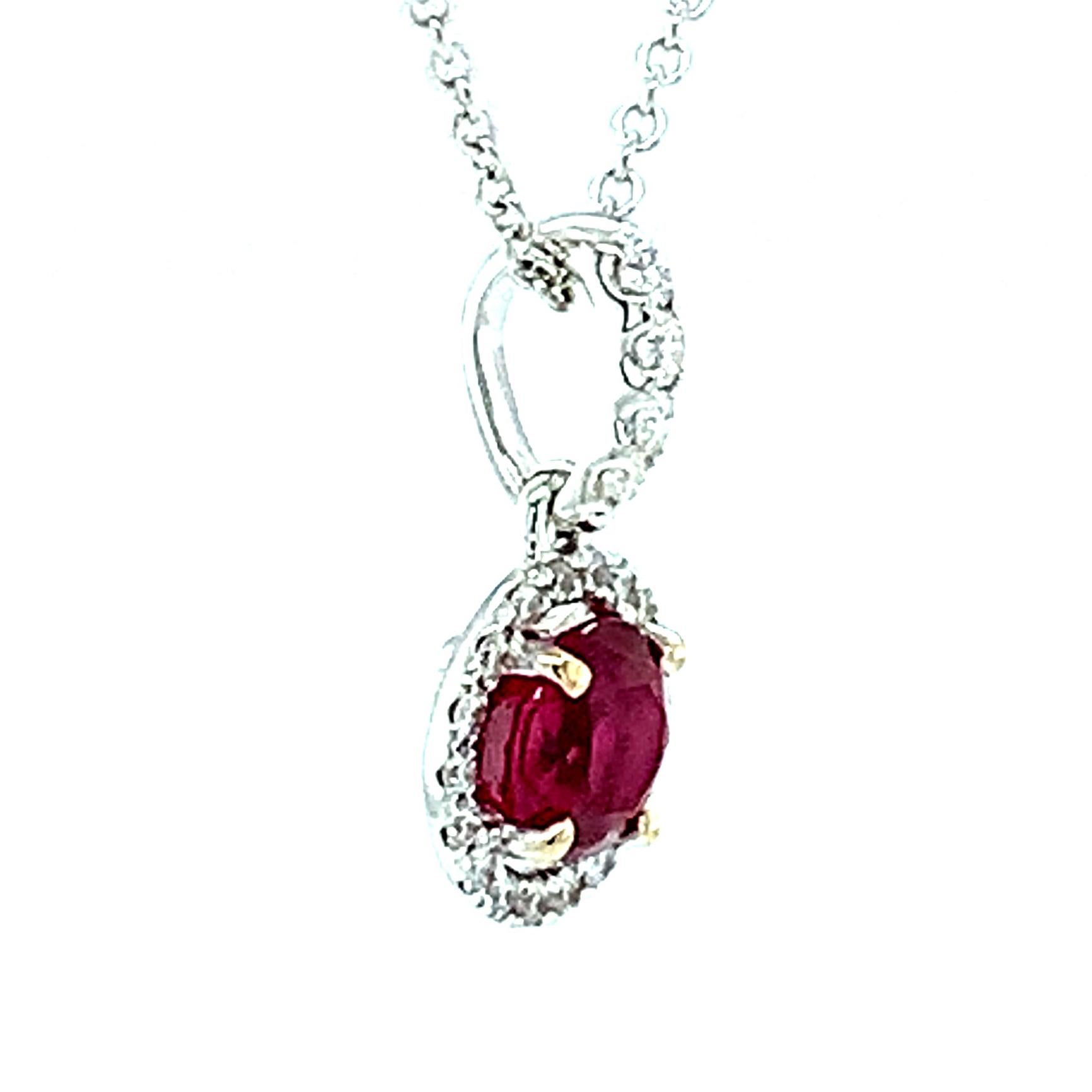 Artisan .68 Carat Ruby and Diamond Floating Halo Necklace in White Gold For Sale