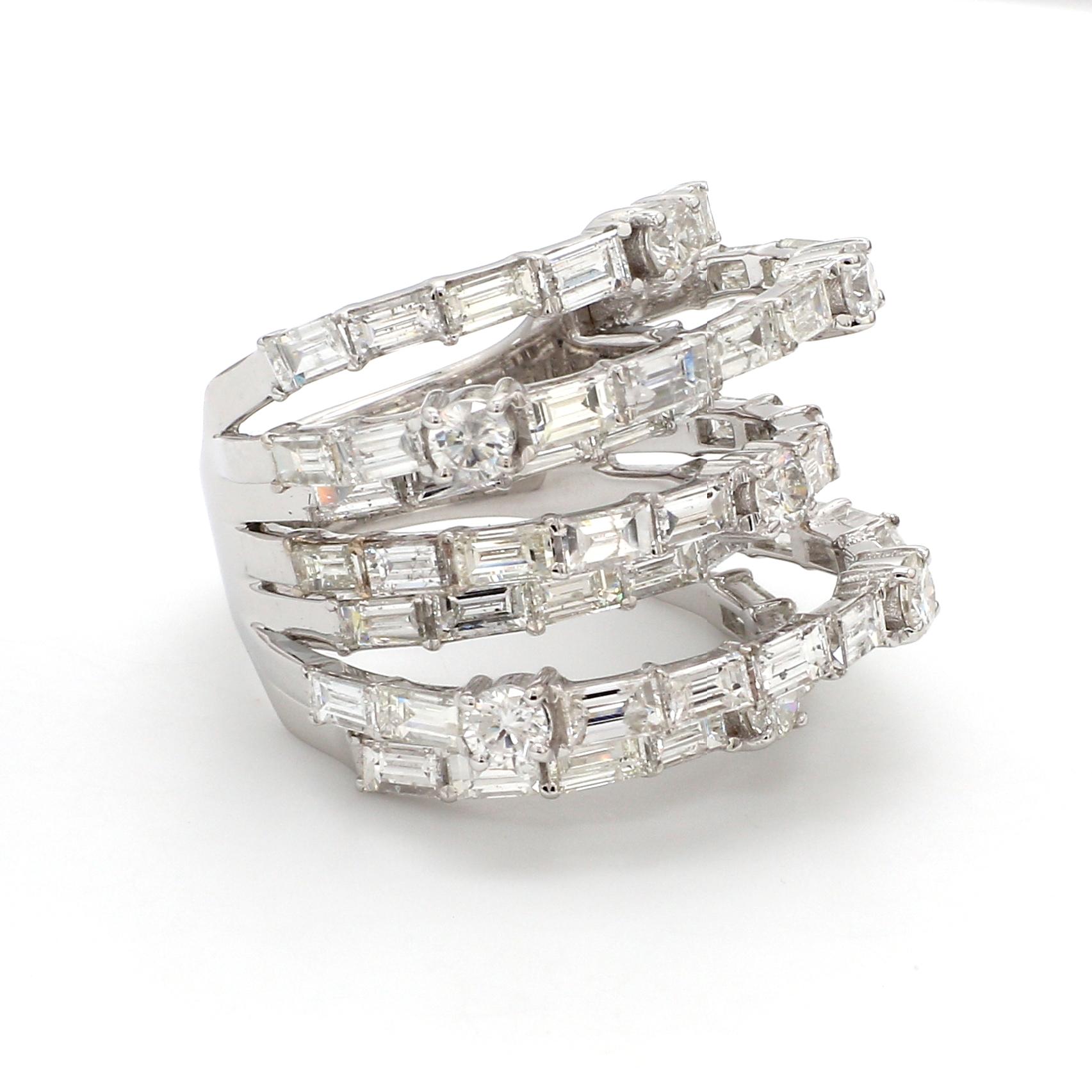 For Sale:  6.8 Carat SI/HI Baguette Diamond Multi Layer Ring 18 Karat White Gold Jewelry 4