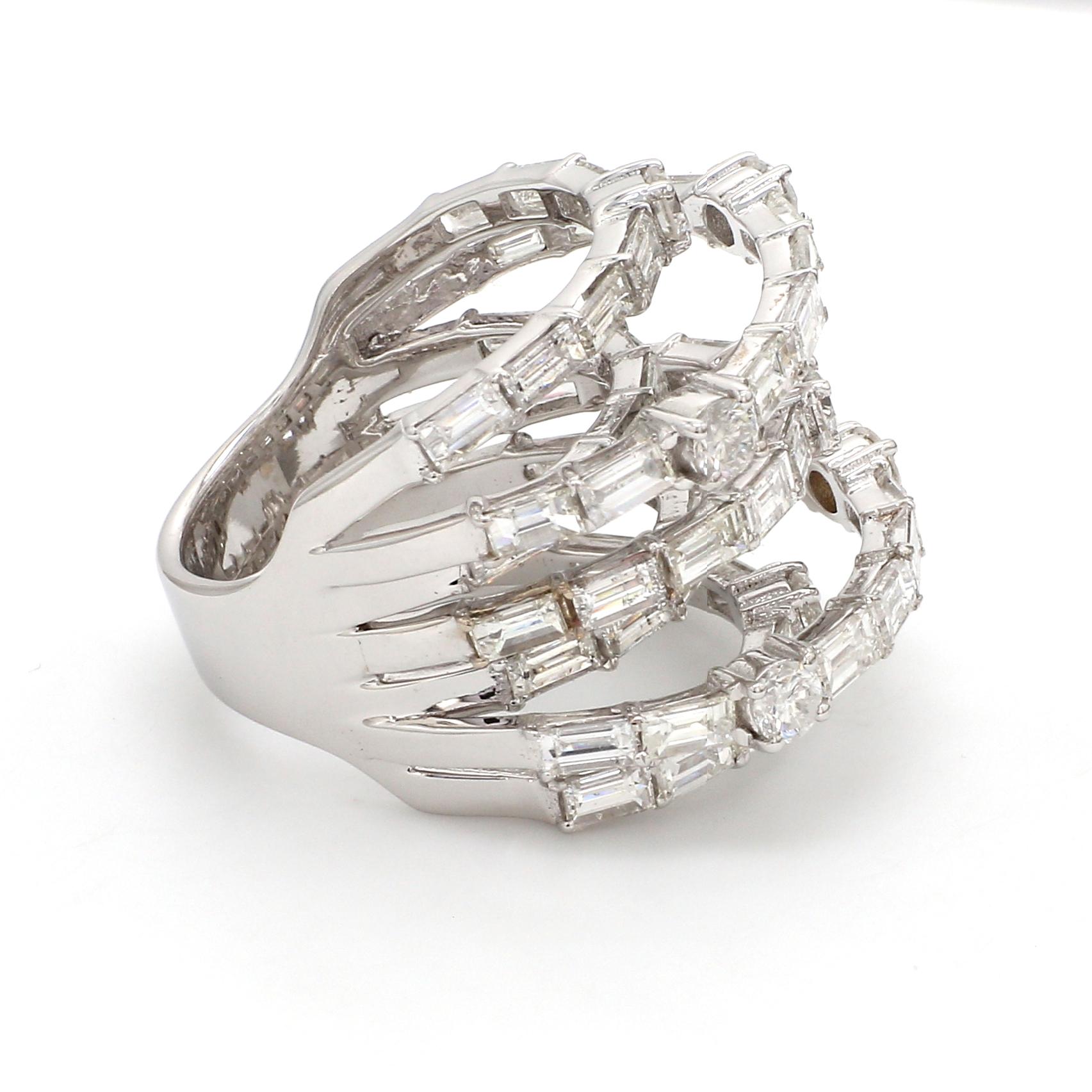 For Sale:  6.8 Carat SI/HI Baguette Diamond Multi Layer Ring 18 Karat White Gold Jewelry 5