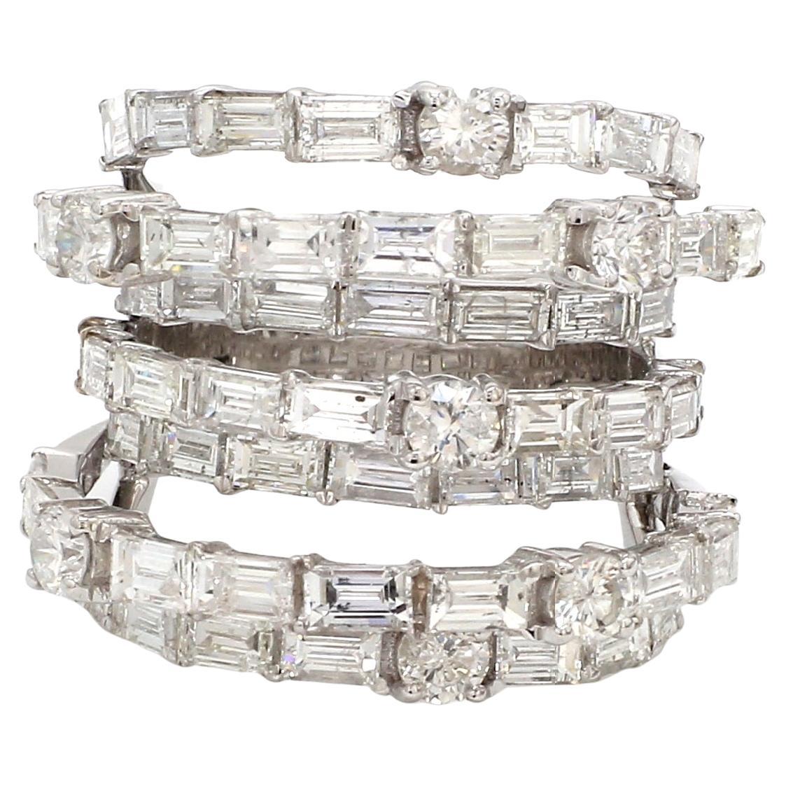 6.8 Carat SI/HI Baguette Diamond Multi Layer Ring 18 Karat White Gold Jewelry