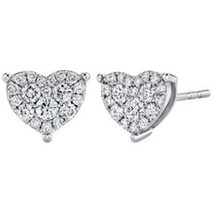 Pave-Set Diamond, 18K White Gold Stud Post Heart Shape Earrings, .68 ct. t.w. 