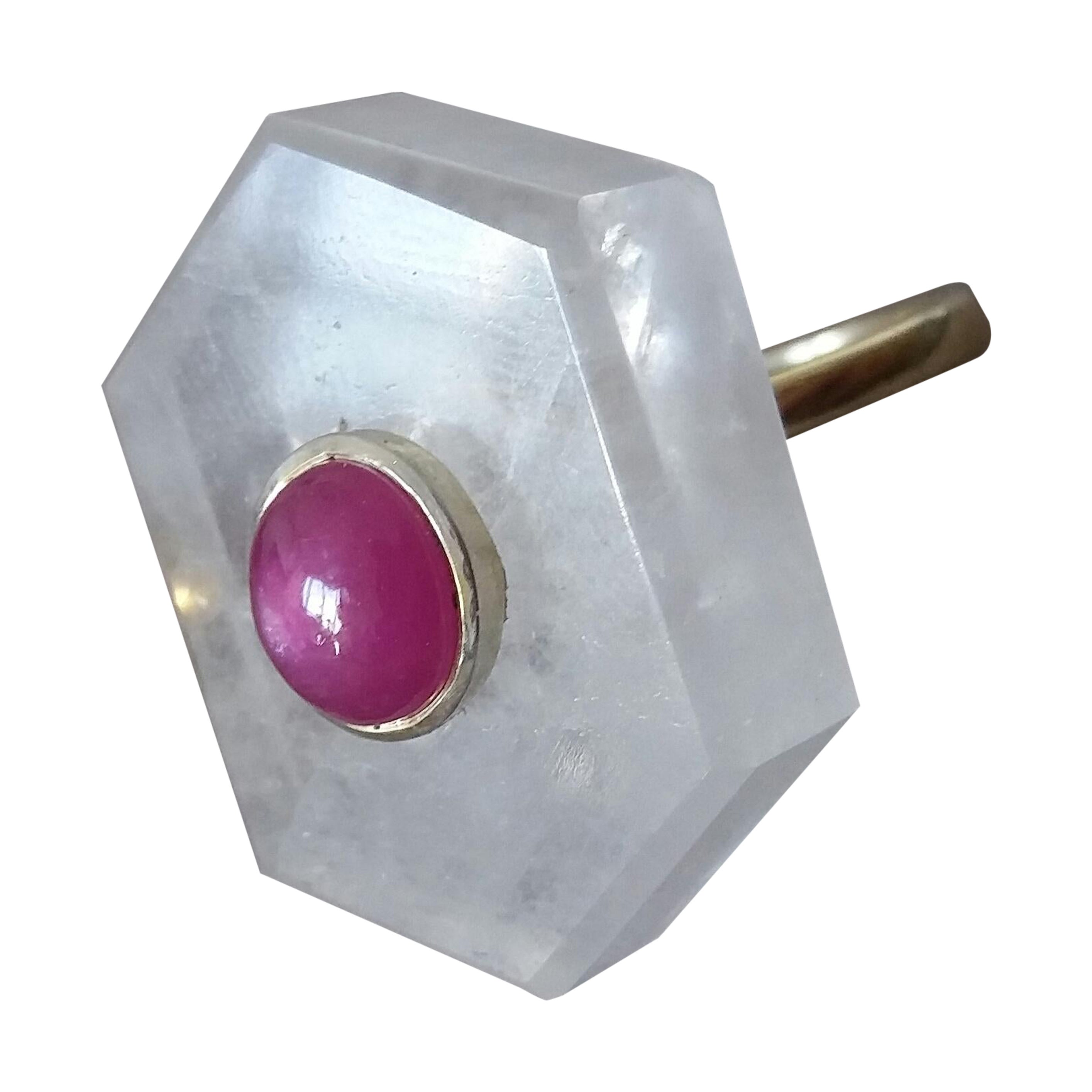 68 Quilates Cristal de Roca Forma Hexagonal Cabujón Ovalado de Rubí Anillo de Oro Amarillo de 14 Kt
