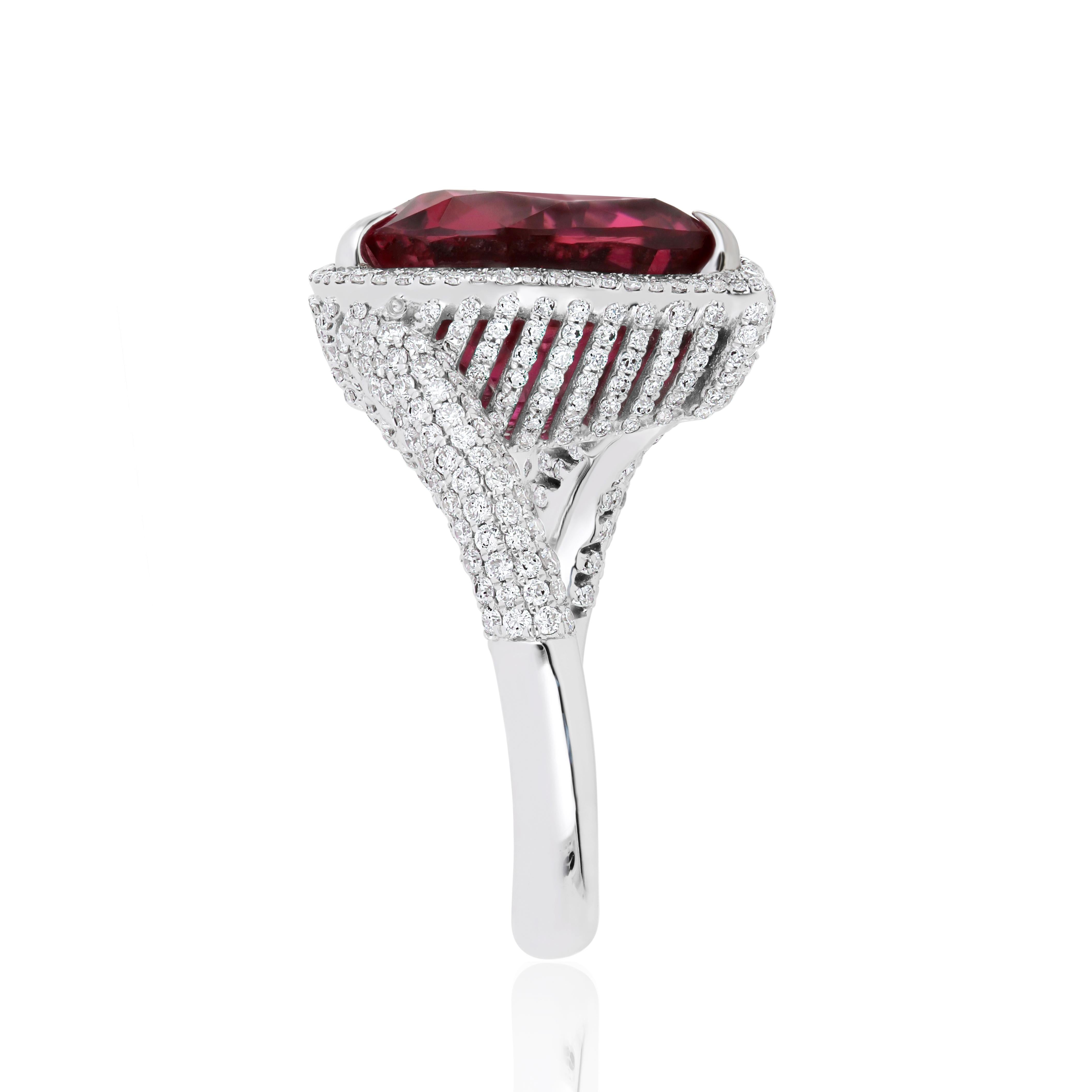 6.8 Carats Rubellite and Diamond Studded Ring in 18K White Gold Ring For Sale 5