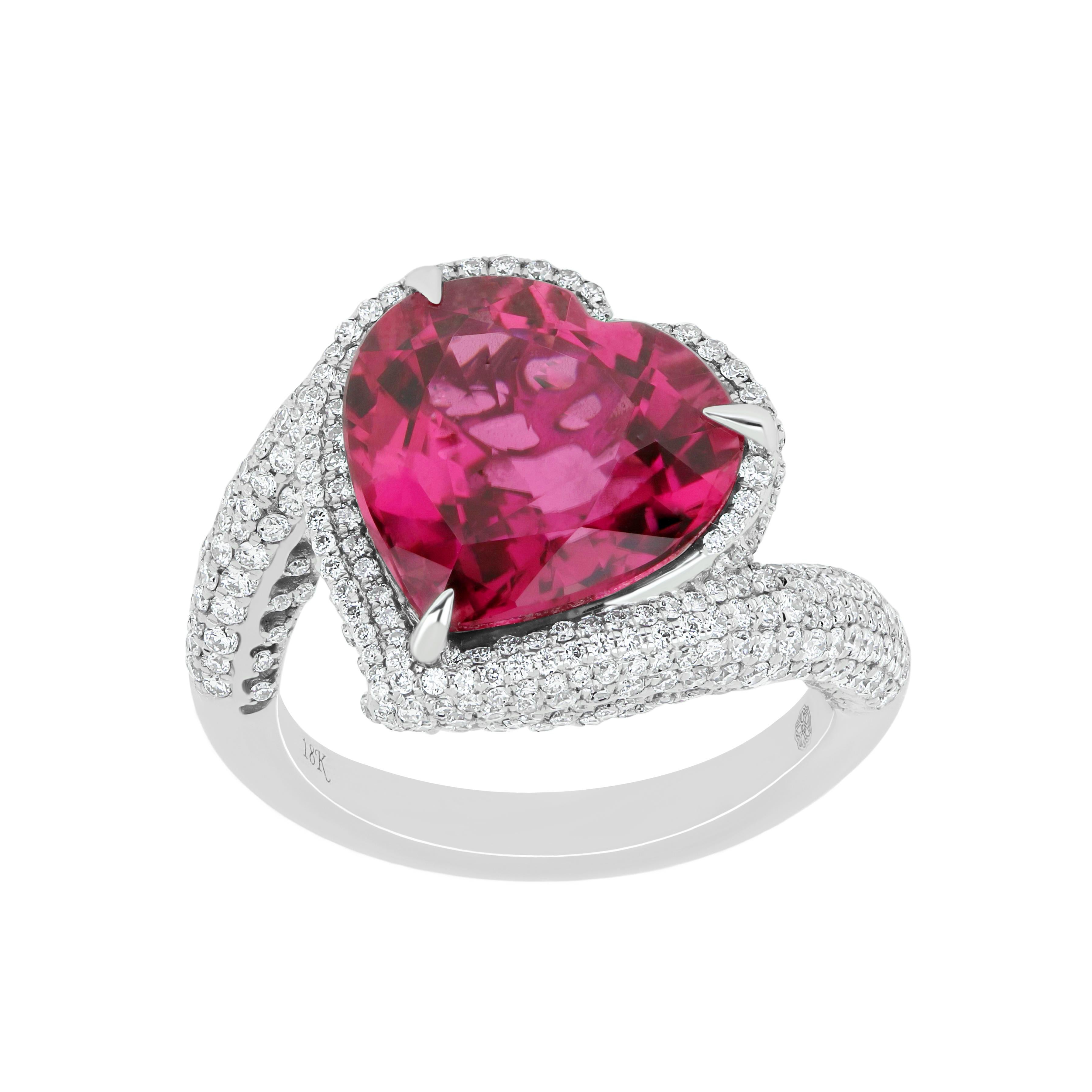 Heart Cut 6.8 Carats Rubellite and Diamond Studded Ring in 18K White Gold Ring For Sale