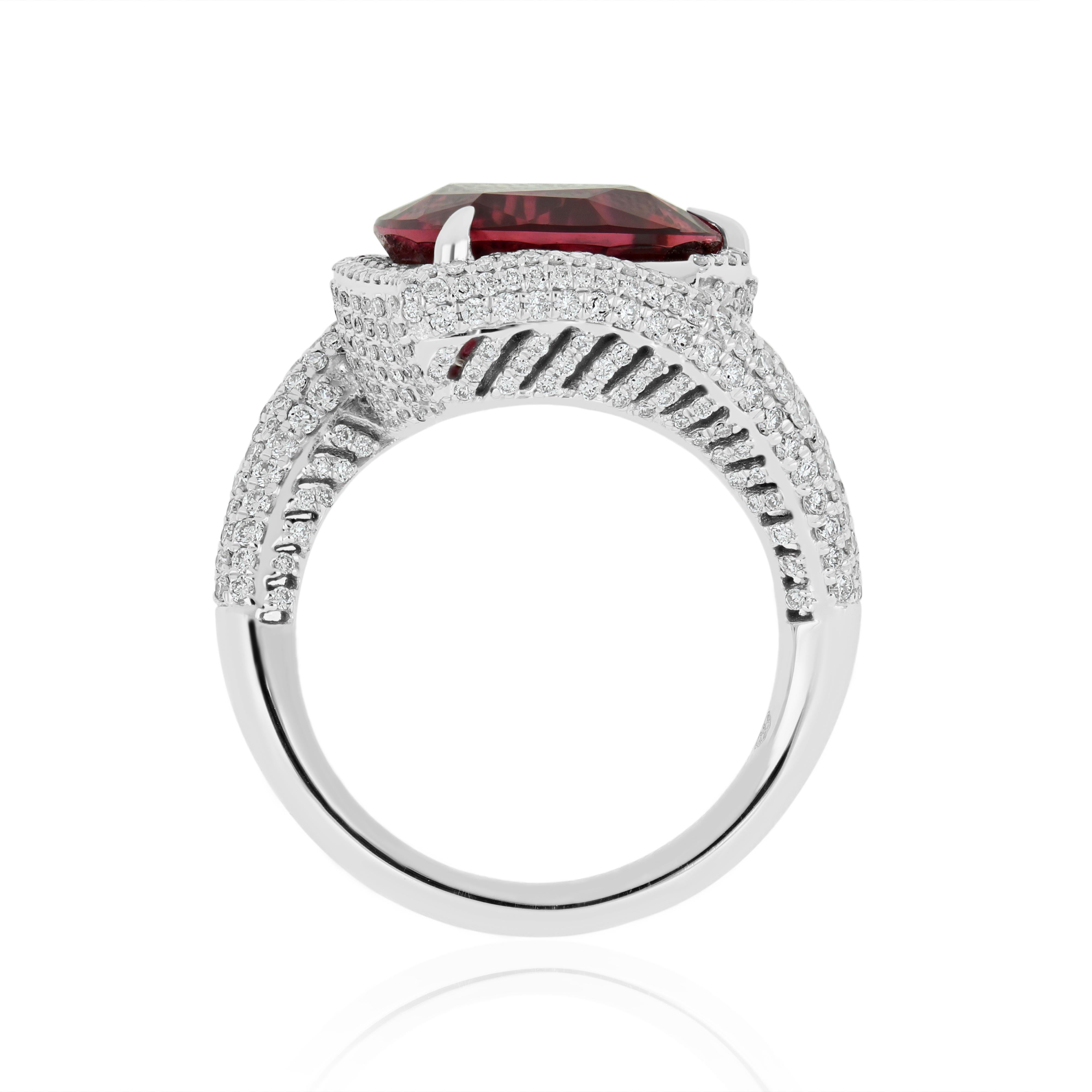 Women's 6.8 Carats Rubellite and Diamond Studded Ring in 18K White Gold Ring For Sale