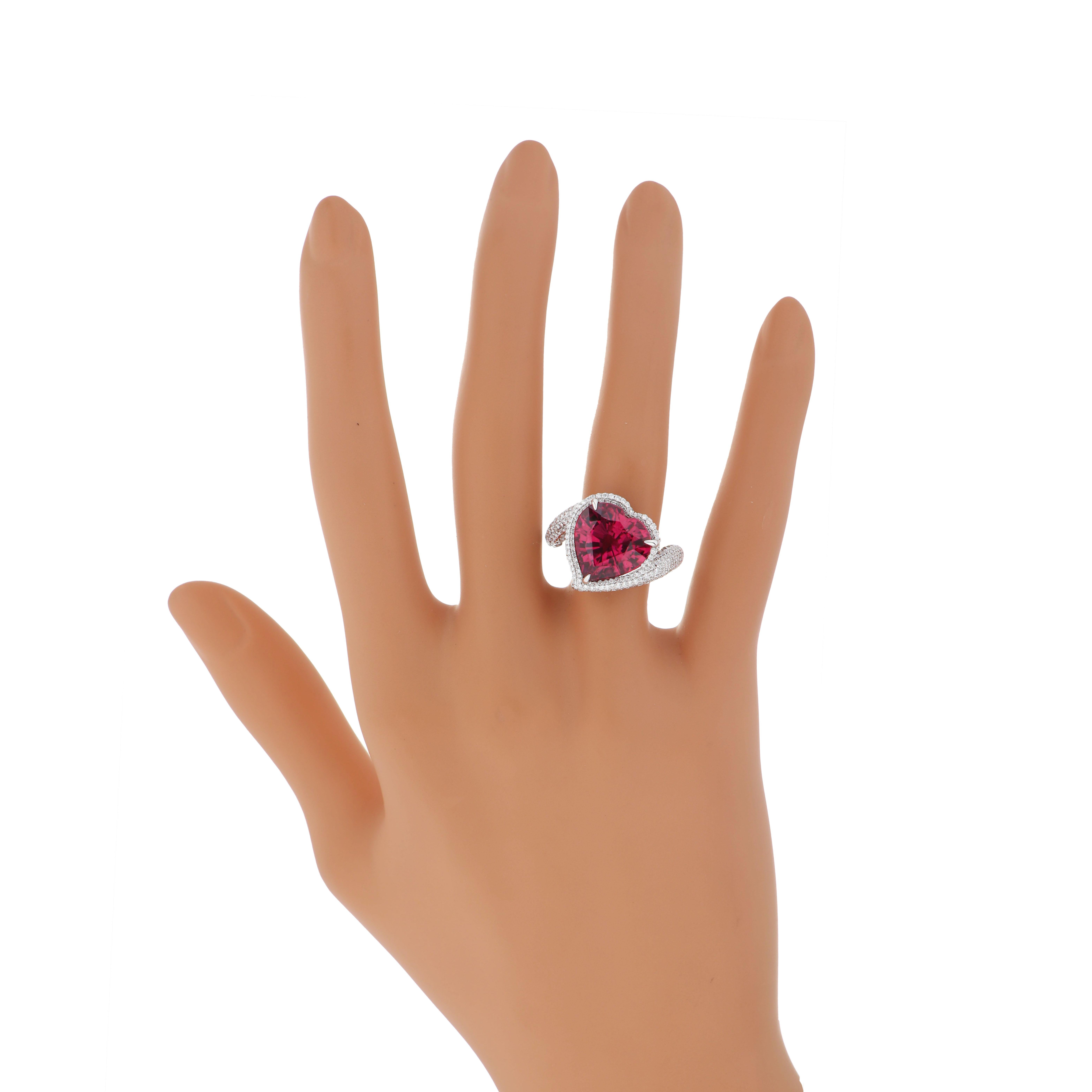 6.8 Carats Rubellite and Diamond Studded Ring in 18K White Gold Ring For Sale 2