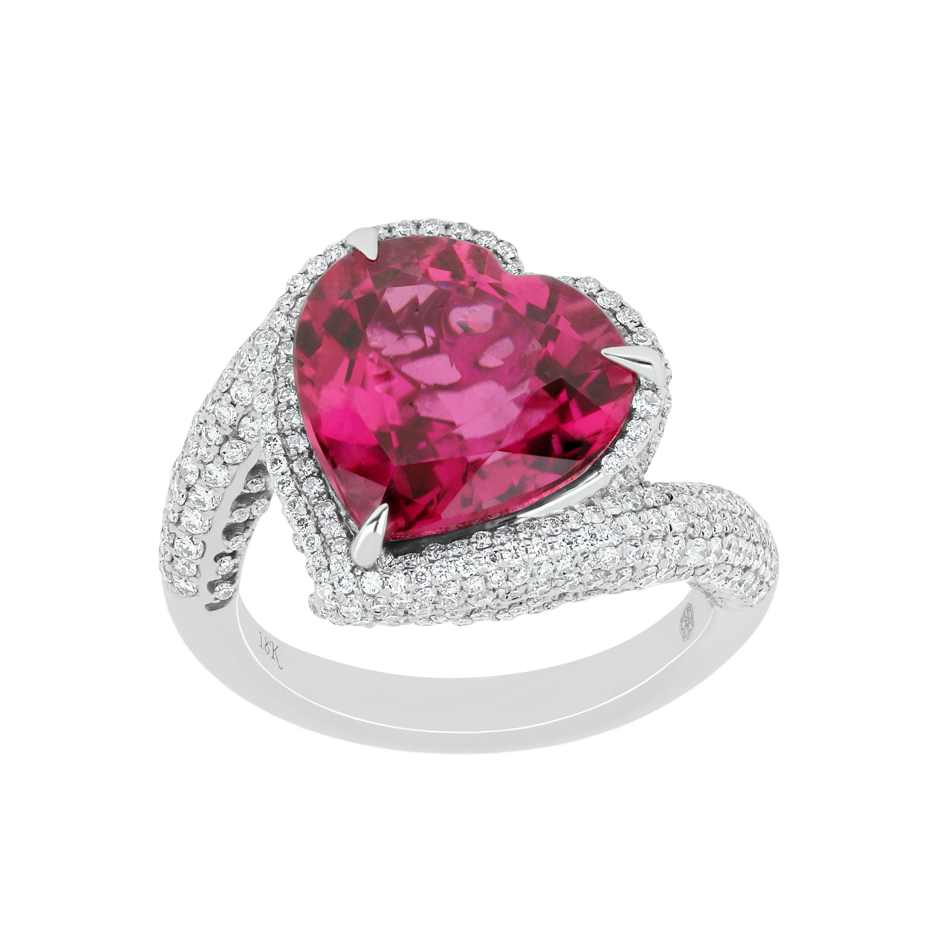 6.8 Carats Rubellite and Diamond Studded Ring in 18K White Gold Ring For Sale 4