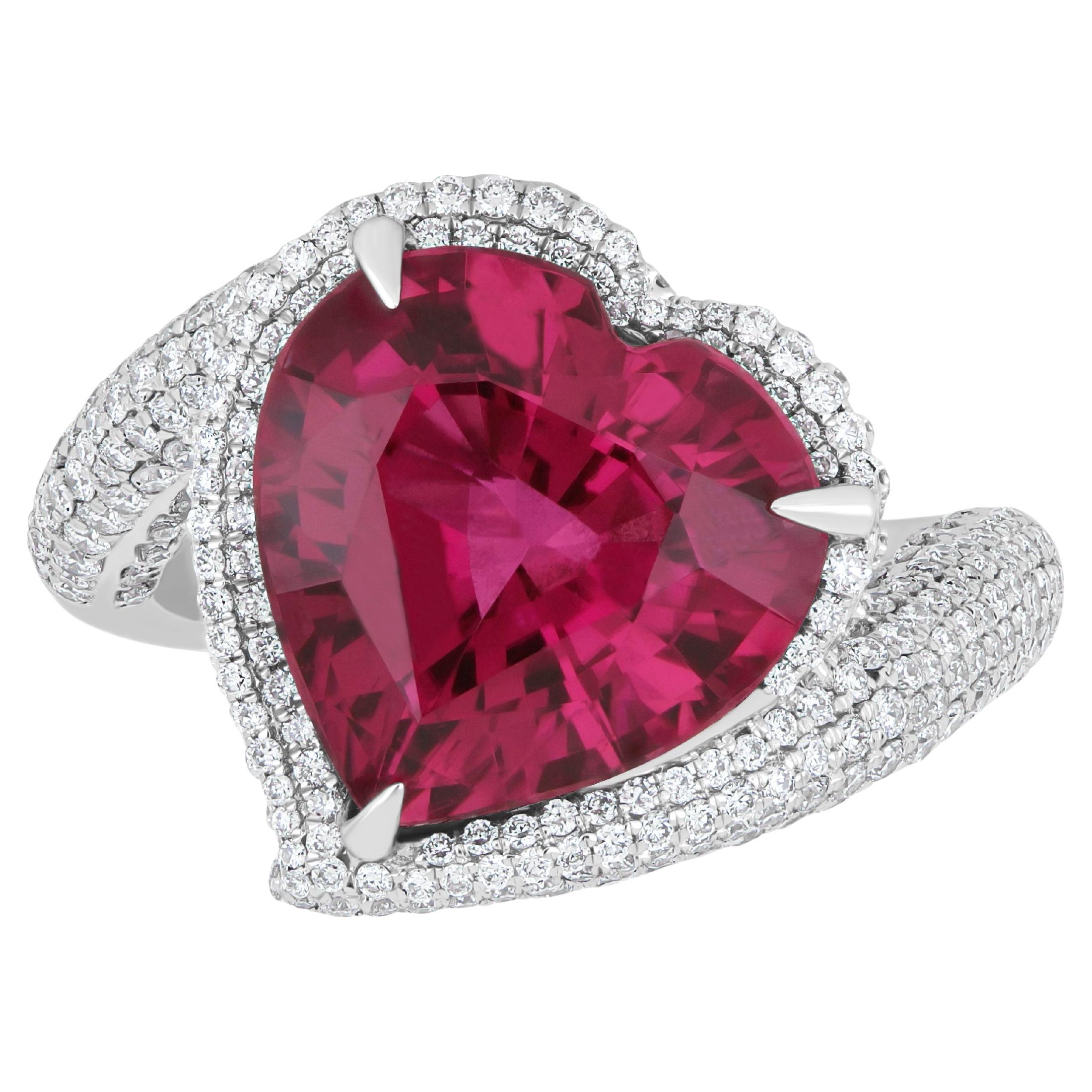 6.8 Carats Rubellite and Diamond Studded Ring in 18K White Gold Ring For Sale