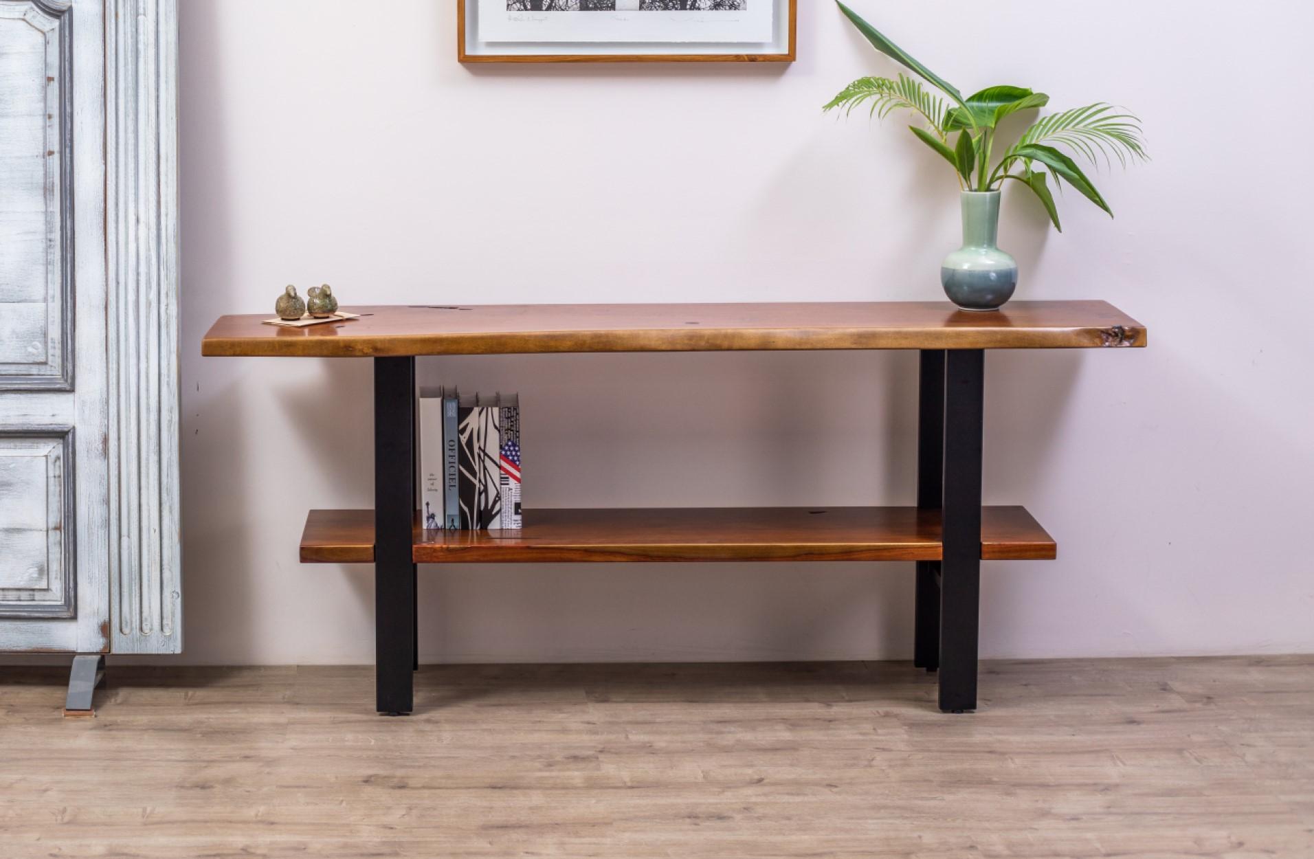 live edge console tables with shelf