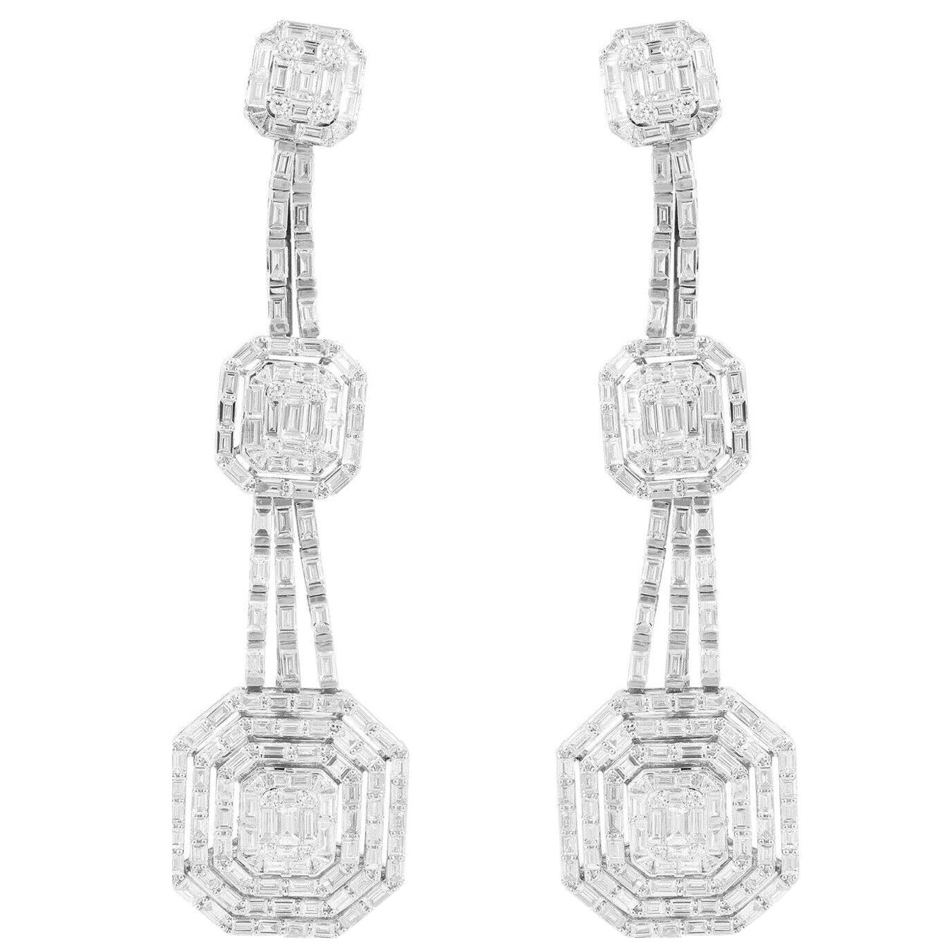 Meghna Jewels l6.80 Carat Baguette Diamond 14 Karat Gold Tiered Drop Earrings For Sale